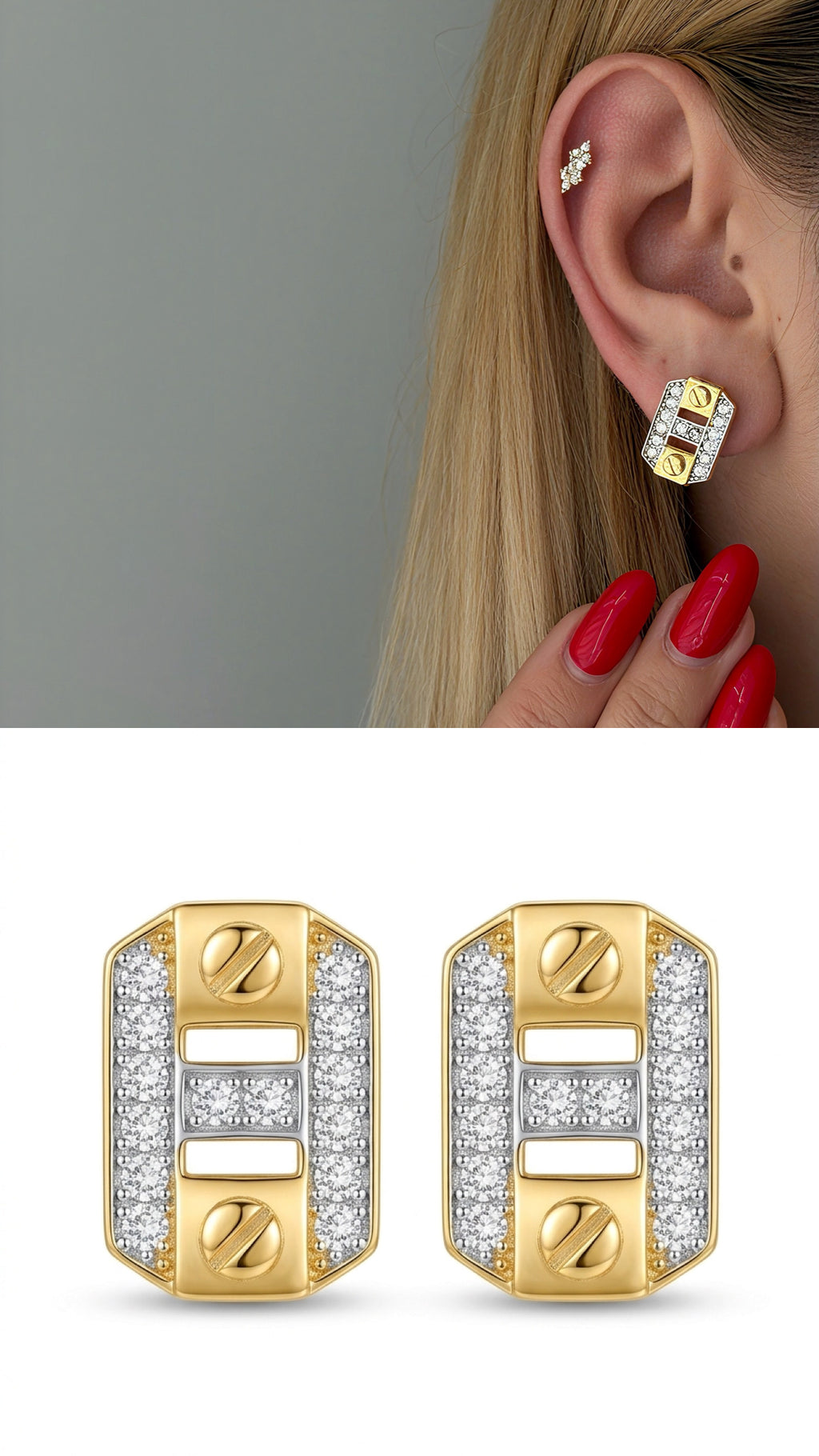 CW1VPEARNG0021_2-two-tone-cz-screw-motif-rectangular-stud-earrings-catwalkjewellery wholesale jewelry VIP 14K EARRINGS  Catwalk Jewellery Europe