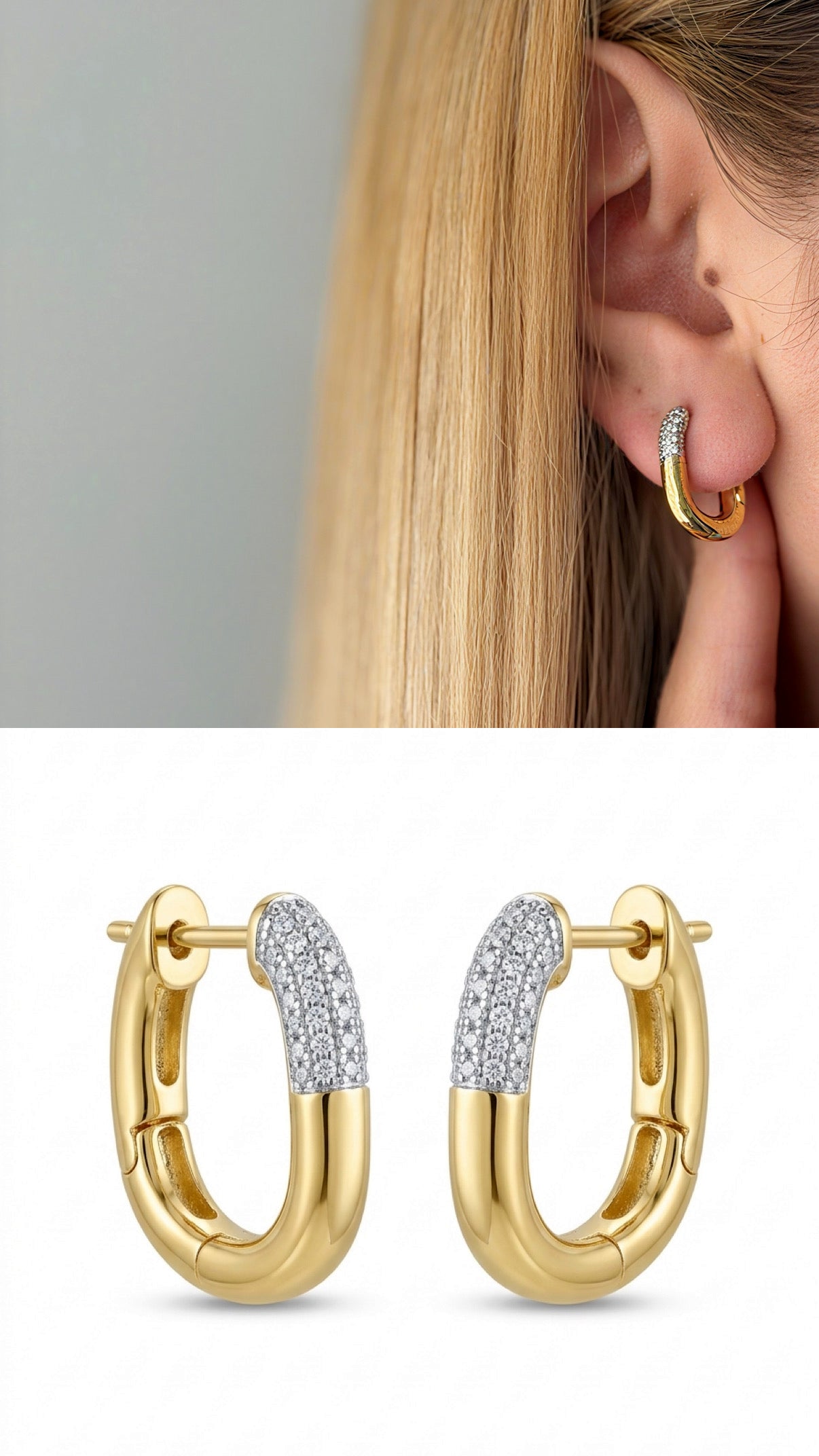 CW1VPEARNG0024-two-tone-cz-pave-chunky-oval-huggie-earrings-catwalkjewellery wholesale jewelry VIP 14K EARRINGS  Catwalk Jewellery Europe