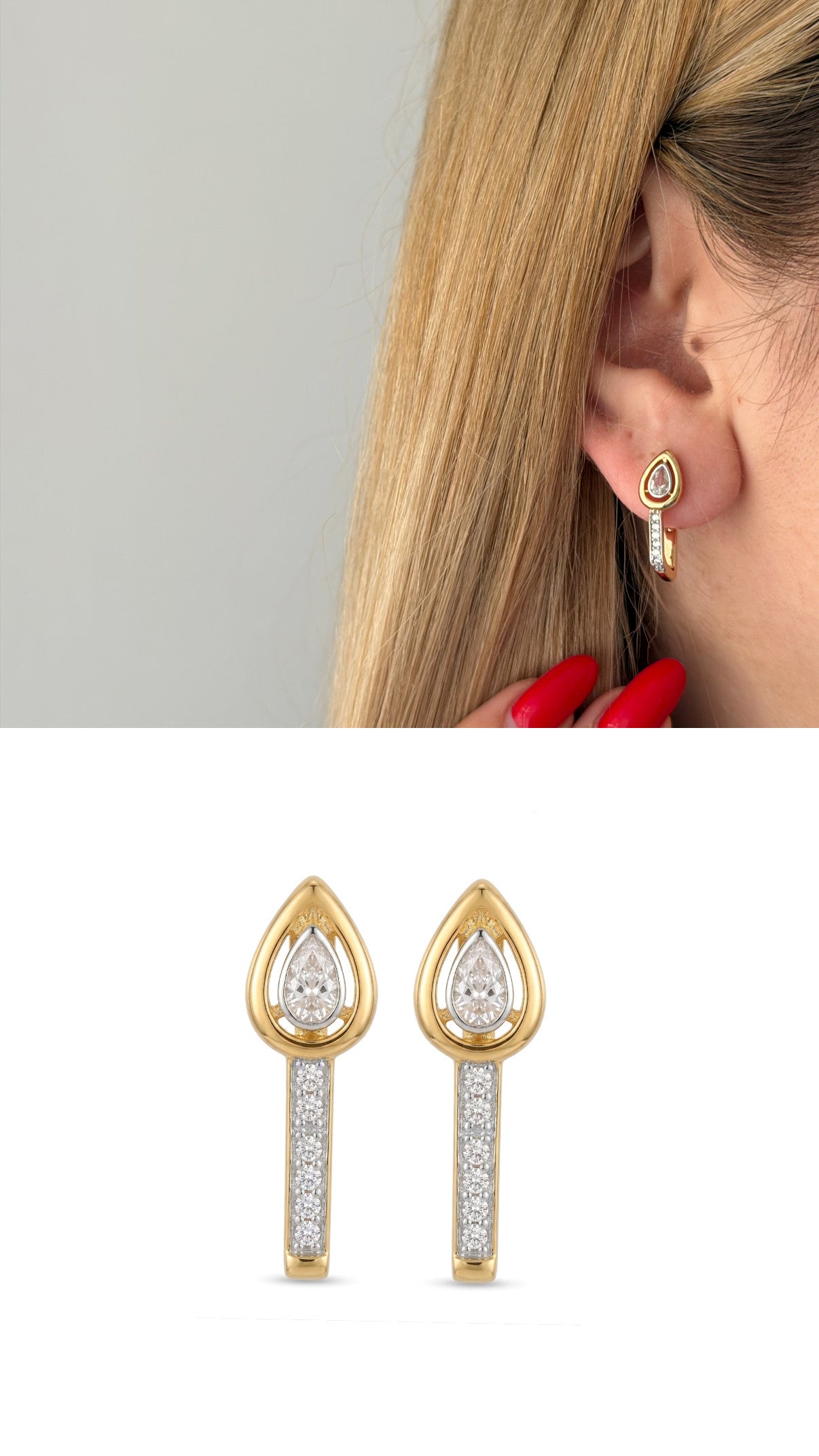 CW1VPEARNG0026-two-tone-cz-teardrop-j-hoop-earrings-catwalkjewellery wholesale jewelry VIP 14K EARRINGS  Catwalk Jewellery Europe