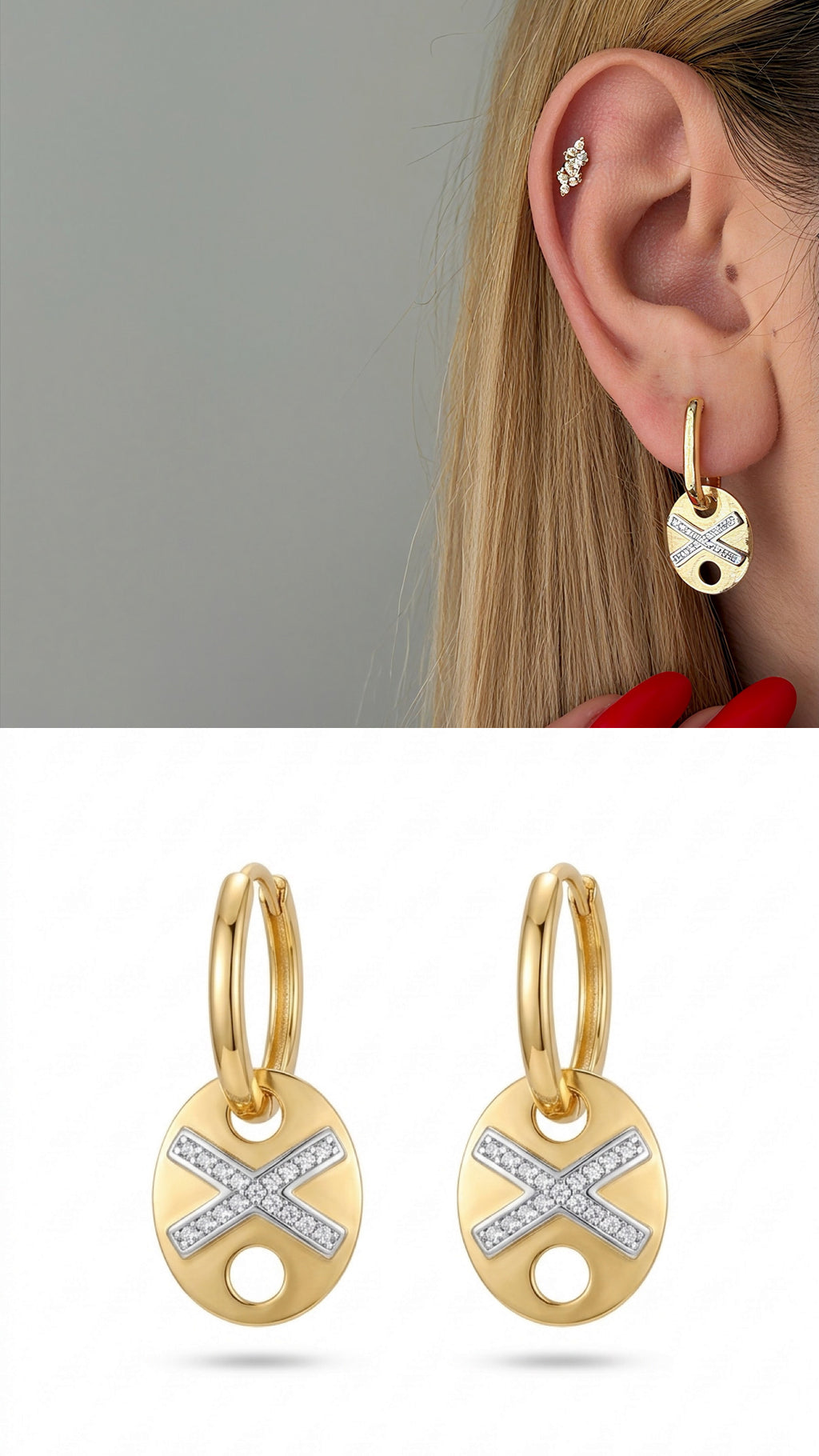 CW1VPEARNG0027-two-tone-cz-x-motif-oval-drop-earrings-catwalkjewellery wholesale jewelry VIP 14K EARRINGS  Catwalk Jewellery Europe
