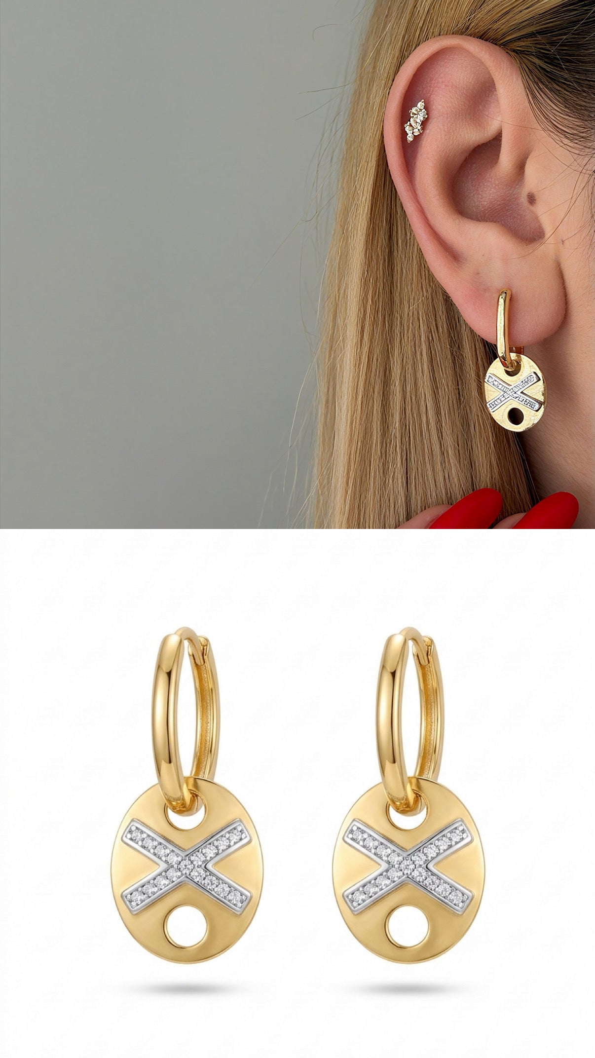 CW1VPEARNG0027-two-tone-cz-x-motif-oval-drop-earrings-catwalkjewellery wholesale jewelry VIP 14K EARRINGS  Catwalk Jewellery Europe