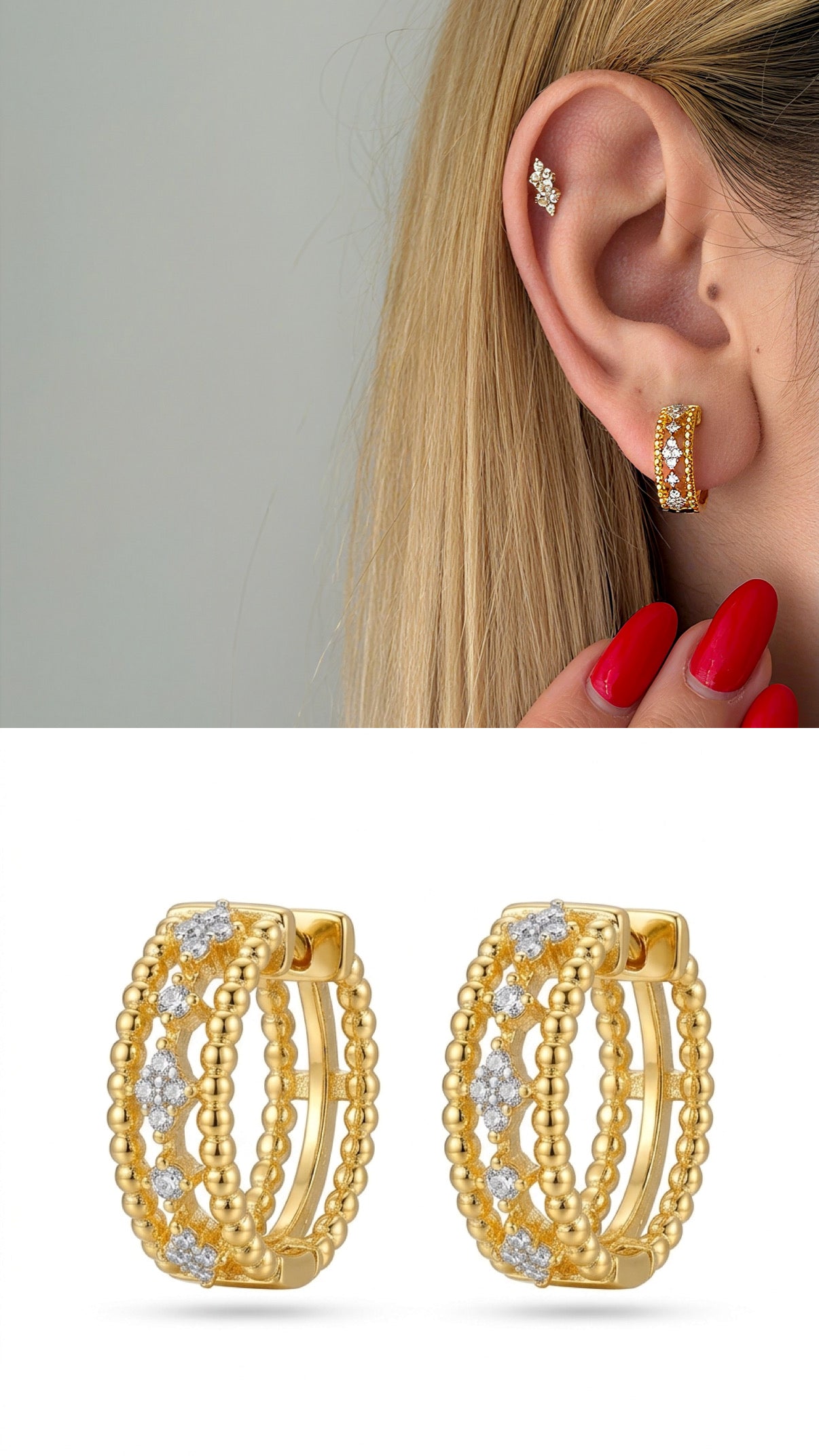 CW1VPEARNG0028-gold-beaded-triple-row-cz-huggie-earrings-catwalkjewellery wholesale jewelry VIP 14K EARRINGS  Catwalk Jewellery Europe