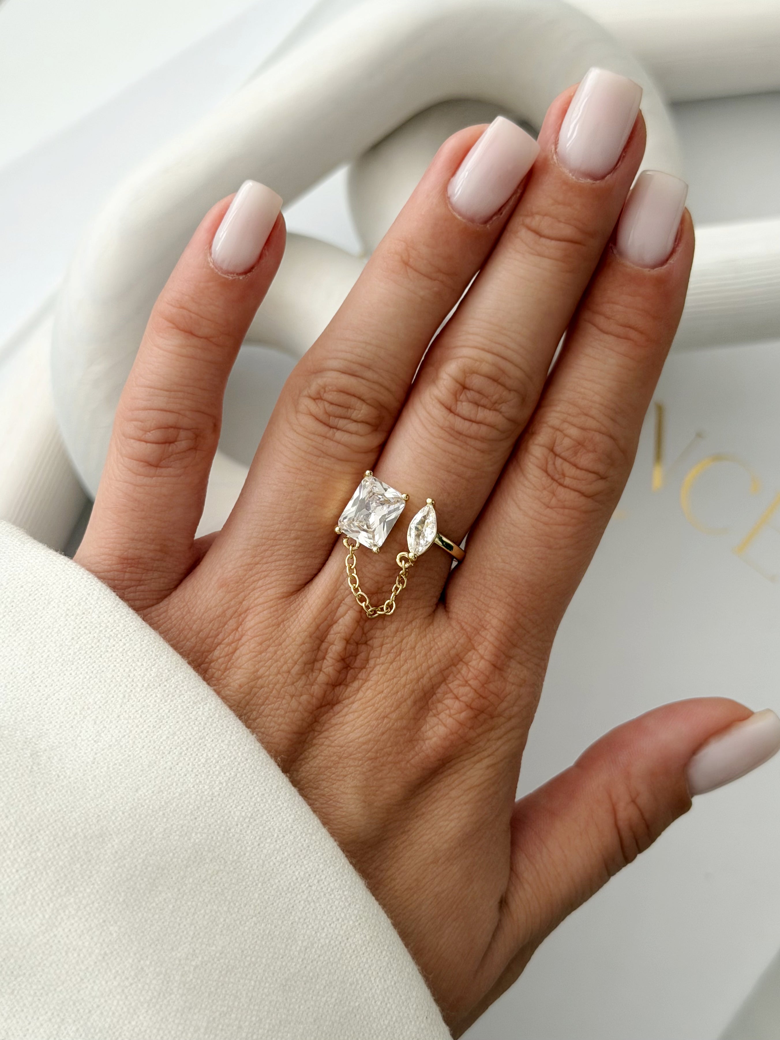 CW1RING0048-gold-dangle-chain-emerald-and-marquise-cz-open-ring-catwalkjewellery wholesale jewelry RINGS Catwalk Jewellery Europe