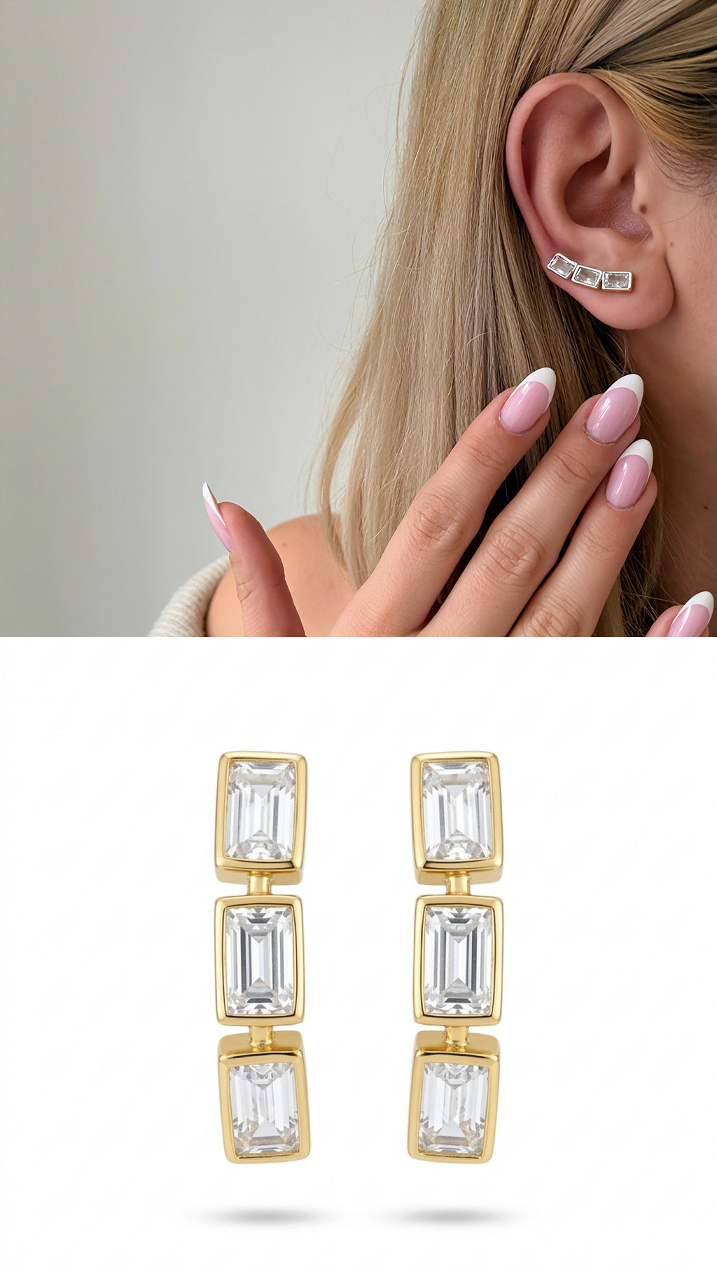 CW1VPEARNG00101-gold-emerald-cut-cz-triple-stone-ear-climber-earrings-catwalkjewellery wholesale jewelry VIP 14K EARRINGS  Catwalk Jewellery Europe
