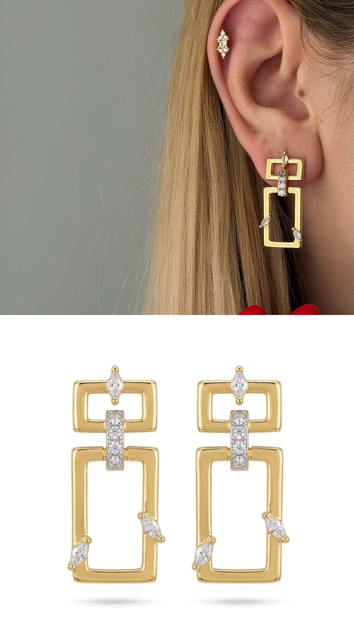 CW1VPEARNG00108-gold-cz-pave-open-rectangle-link-drop-earrings-catwalkjewellery wholesale jewelry VIP 14K EARRINGS  Catwalk Jewellery Europe