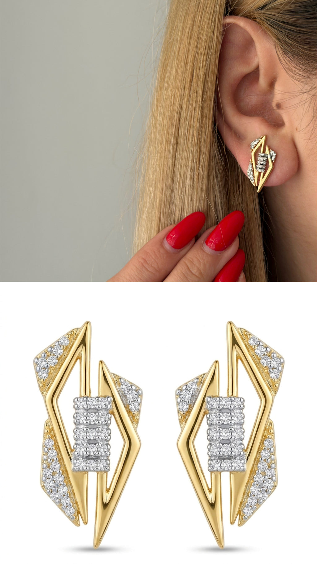CW1VPEARNG00111-gold-cz-pave-geometric-cutout-shield-stud-earrings-catwalkjewellery wholesale jewelry VIP 14K EARRINGS  Catwalk Jewellery Europe