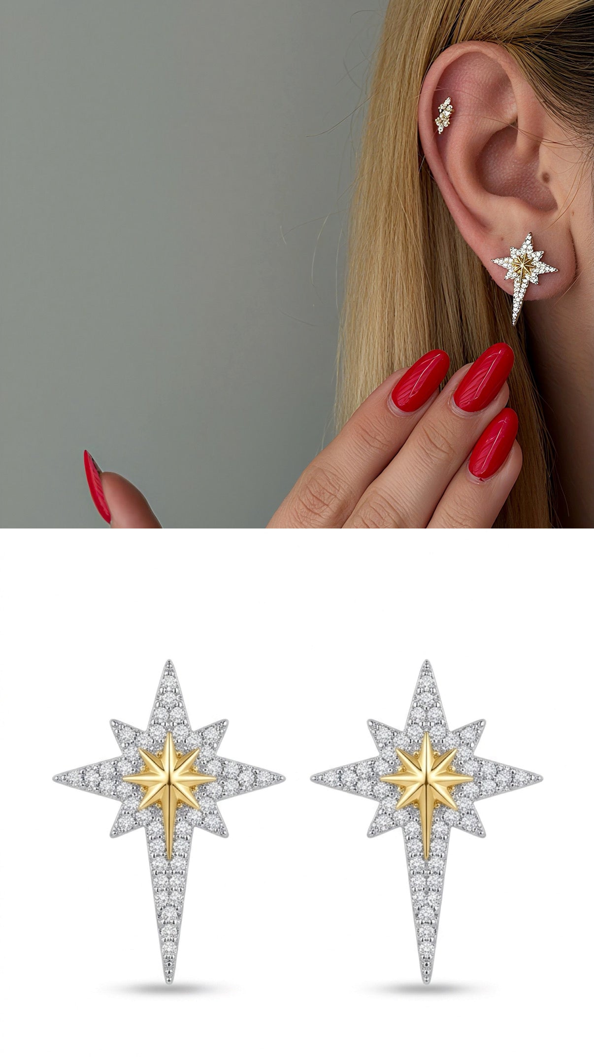 CW1VPEARNG00112-two-tone-cz-pave-elongated-starburst-stud-earrings-catwalkjewellery wholesale jewelry VIP 14K EARRINGS  Catwalk Jewellery Europe