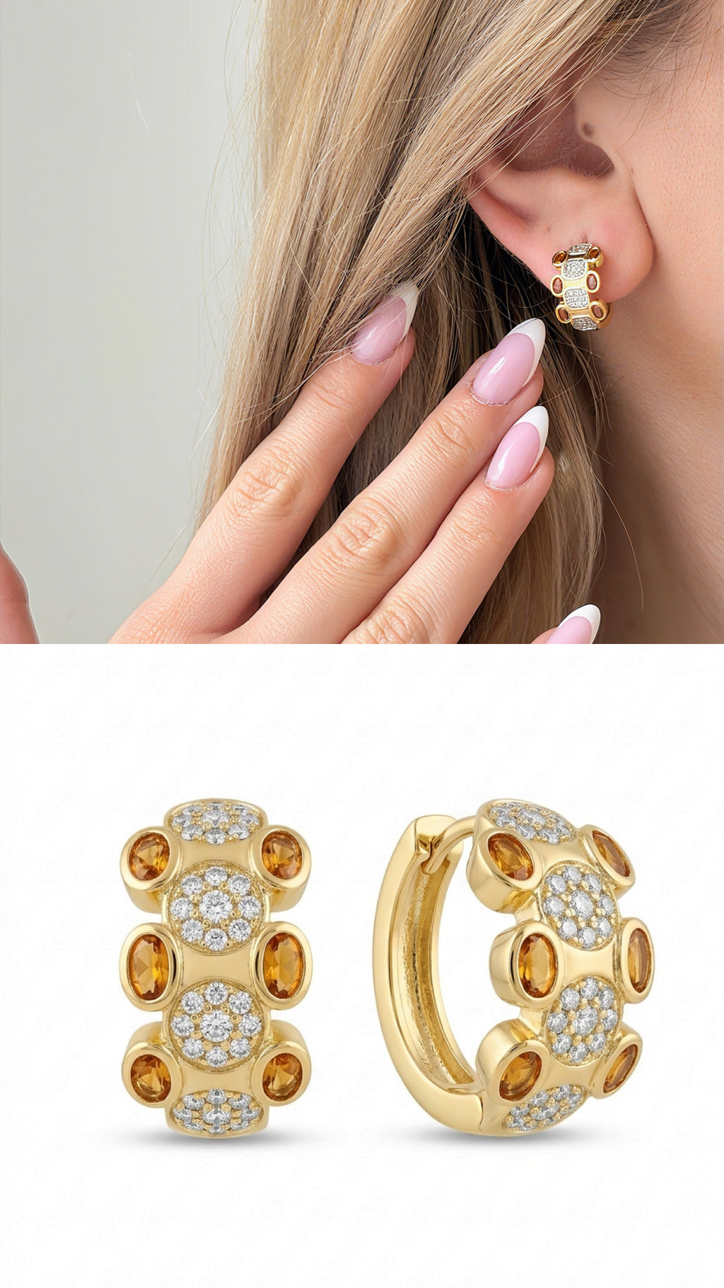 CW1VPEARNG00113-gold-amber-cz-pave-cluster-chunky-huggie-hoop-earrings-catwalkjewellery wholesale jewelry VIP 14K EARRINGS  Catwalk Jewellery Europe