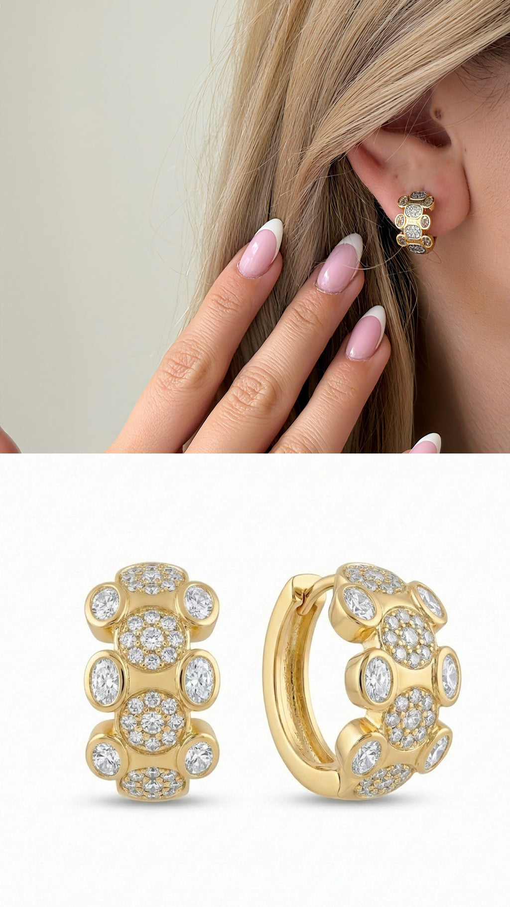 CW1VPEARNG00115-gold-clear-cz-pave-cluster-chunky-huggie-hoop-earrings-catwalkjewellery wholesale jewelry VIP 14K EARRINGS  Catwalk Jewellery Europe