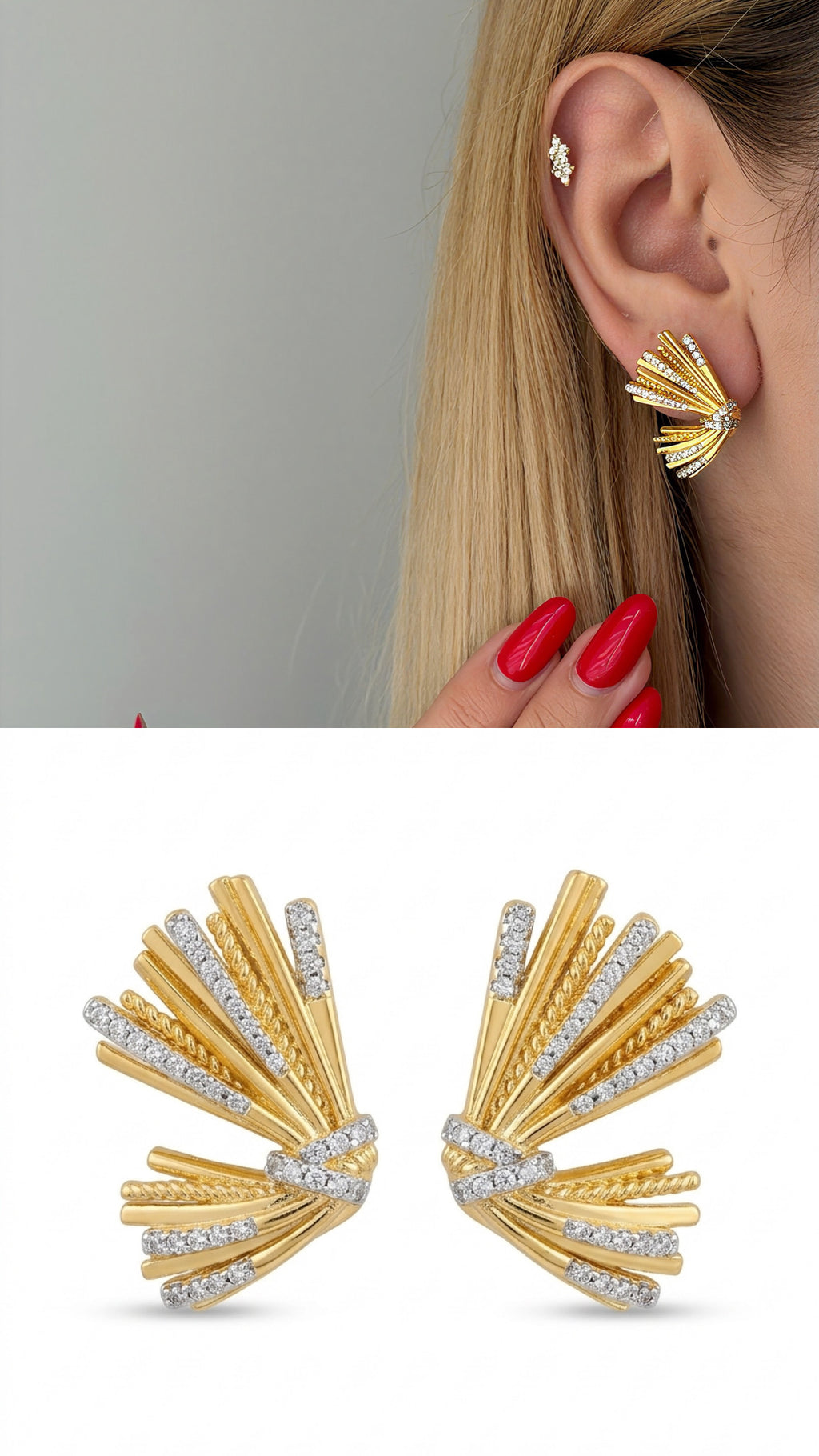 CW1VPEARNG00116-two-tone-cz-pave-ribbed-fan-wrap-stud-earrings-catwalkjewellery wholesale jewelry VIP 14K EARRINGS  Catwalk Jewellery Europe