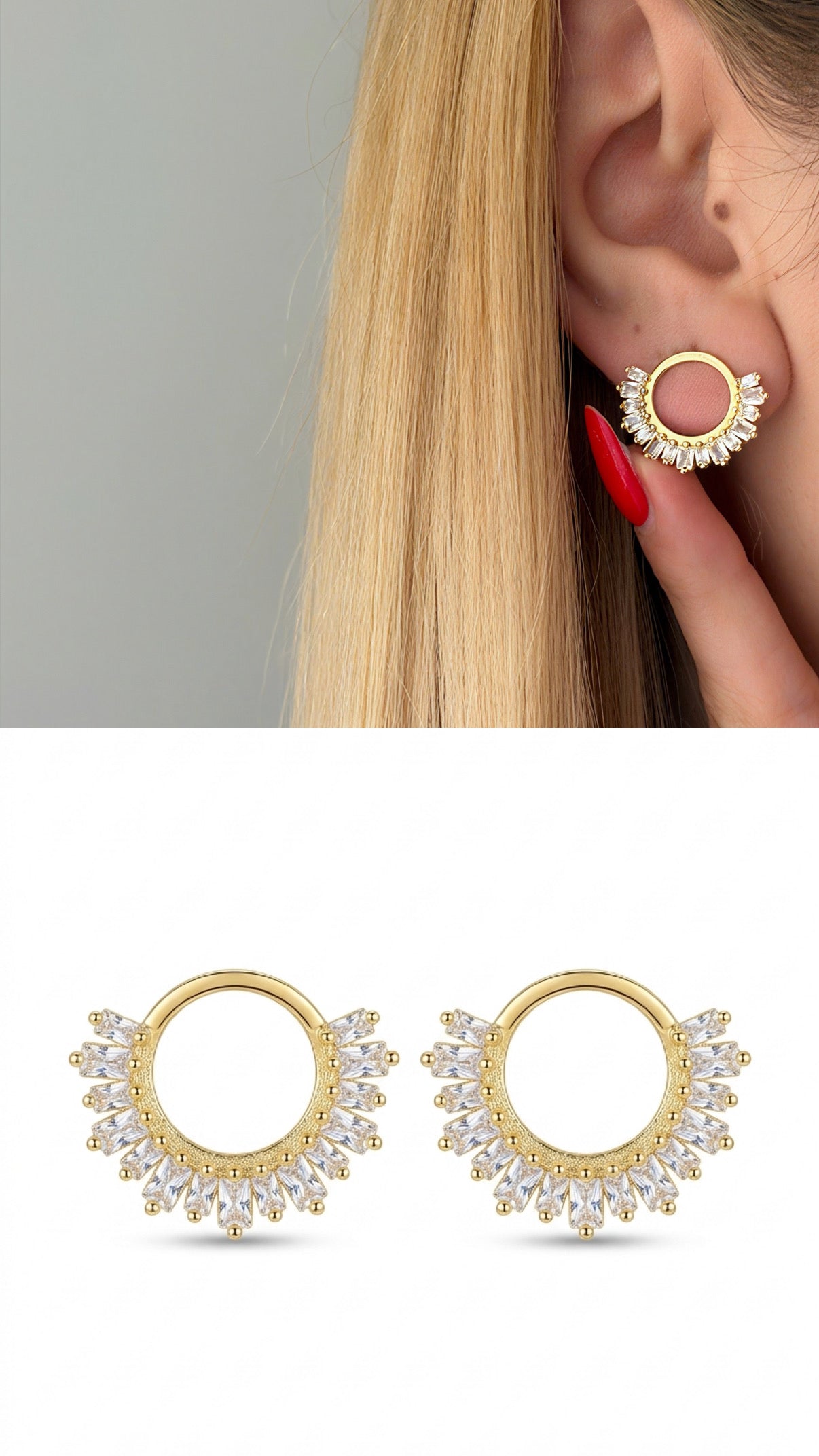 CW1VPEARNG00118-gold-baguette-cz-fringe-semi-circle-stud-earrings-catwalkjewellery wholesale jewelry VIP 14K EARRINGS  Catwalk Jewellery Europe