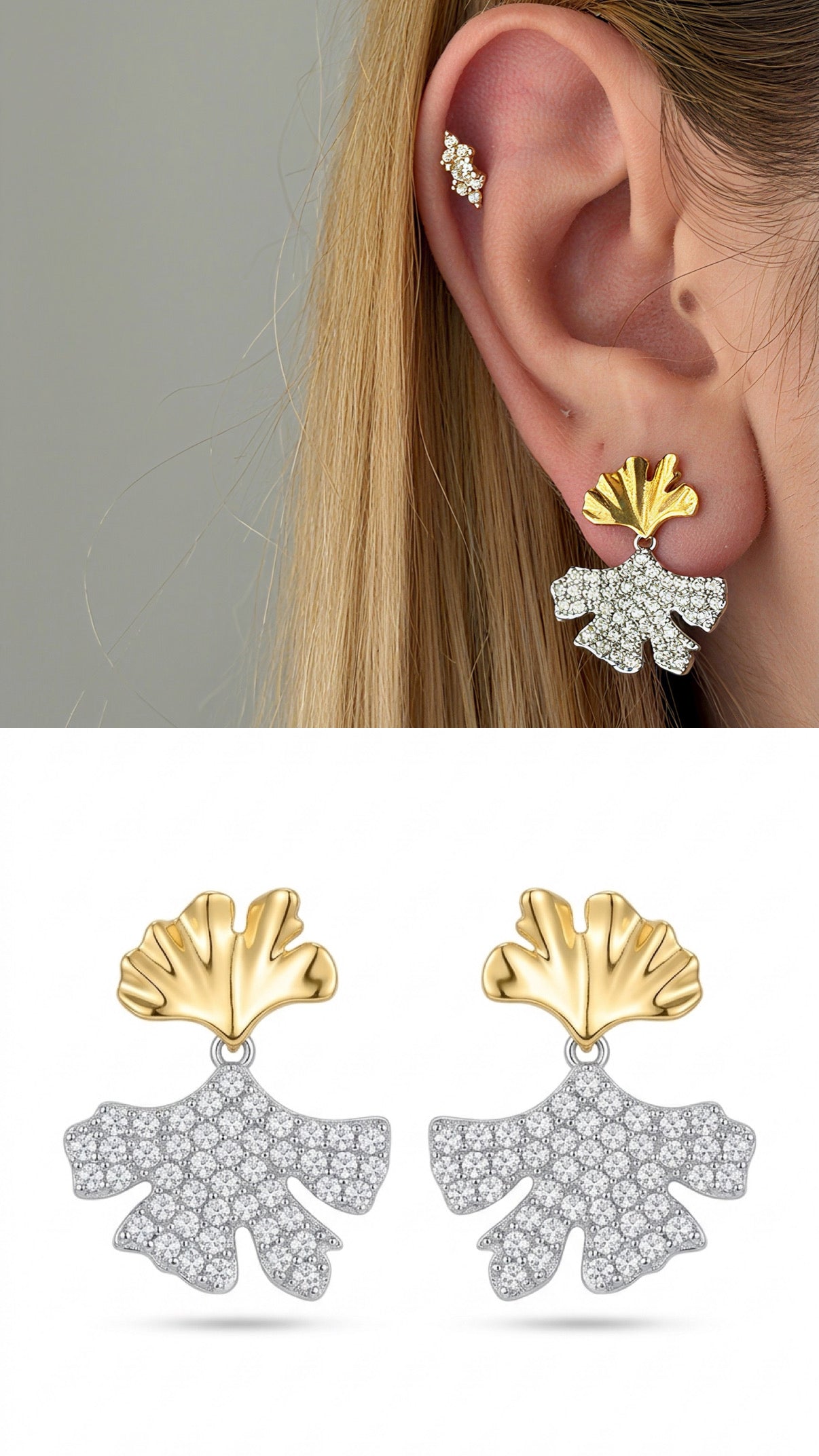 CW1VPEARNG00120-two-tone-cz-pave-ginkgo-leaf-dangle-earrings-catwalkjewellery wholesale jewelry VIP 14K EARRINGS  Catwalk Jewellery Europe