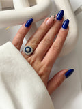 CW1RING00129-silver-sapphire-blue-and-cz-pave-sunburst-halo-ring-catwalkjewellery wholesale jewelry RINGS Catwalk Jewellery Europe