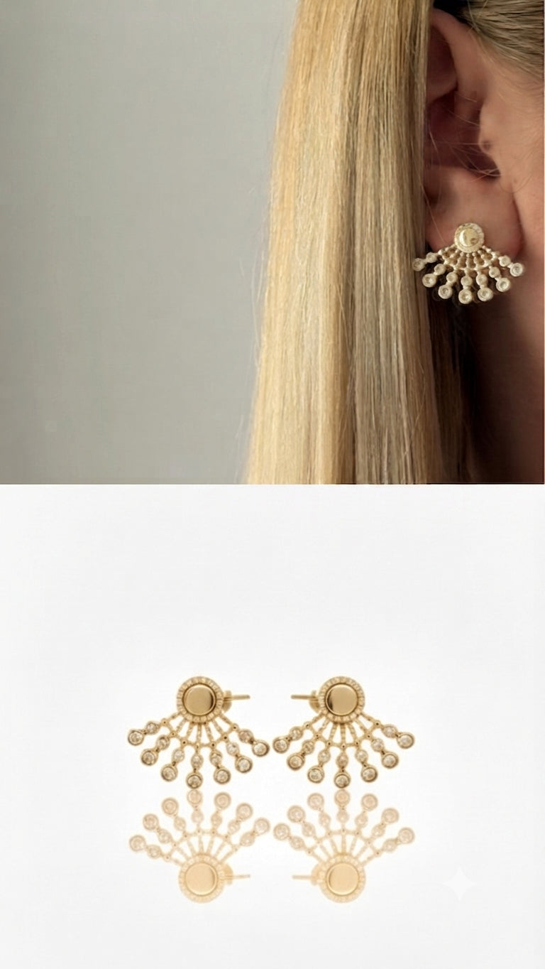 Gold Cz Pave Beaded Sunburst Fan Ear Jacket Earrings wholesale jewelry VIP 14K EARRINGS  Catwalk Jewellery Europe