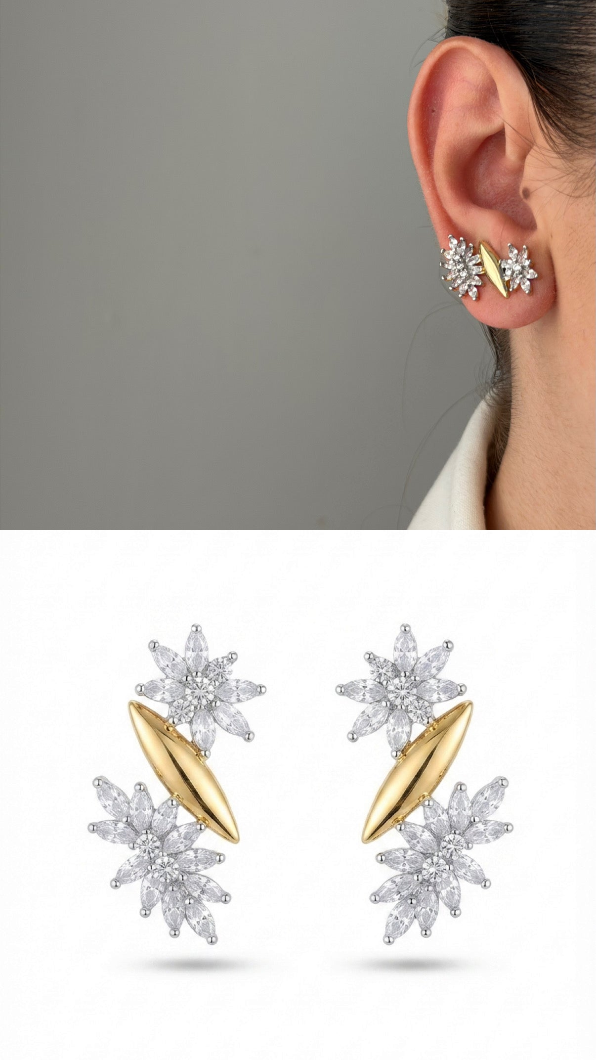 Two Tone Cz Pave Floral Cluster Ear Climber Earrings wholesale jewelry VIP 14K EARRINGS  Catwalk Jewellery Europe