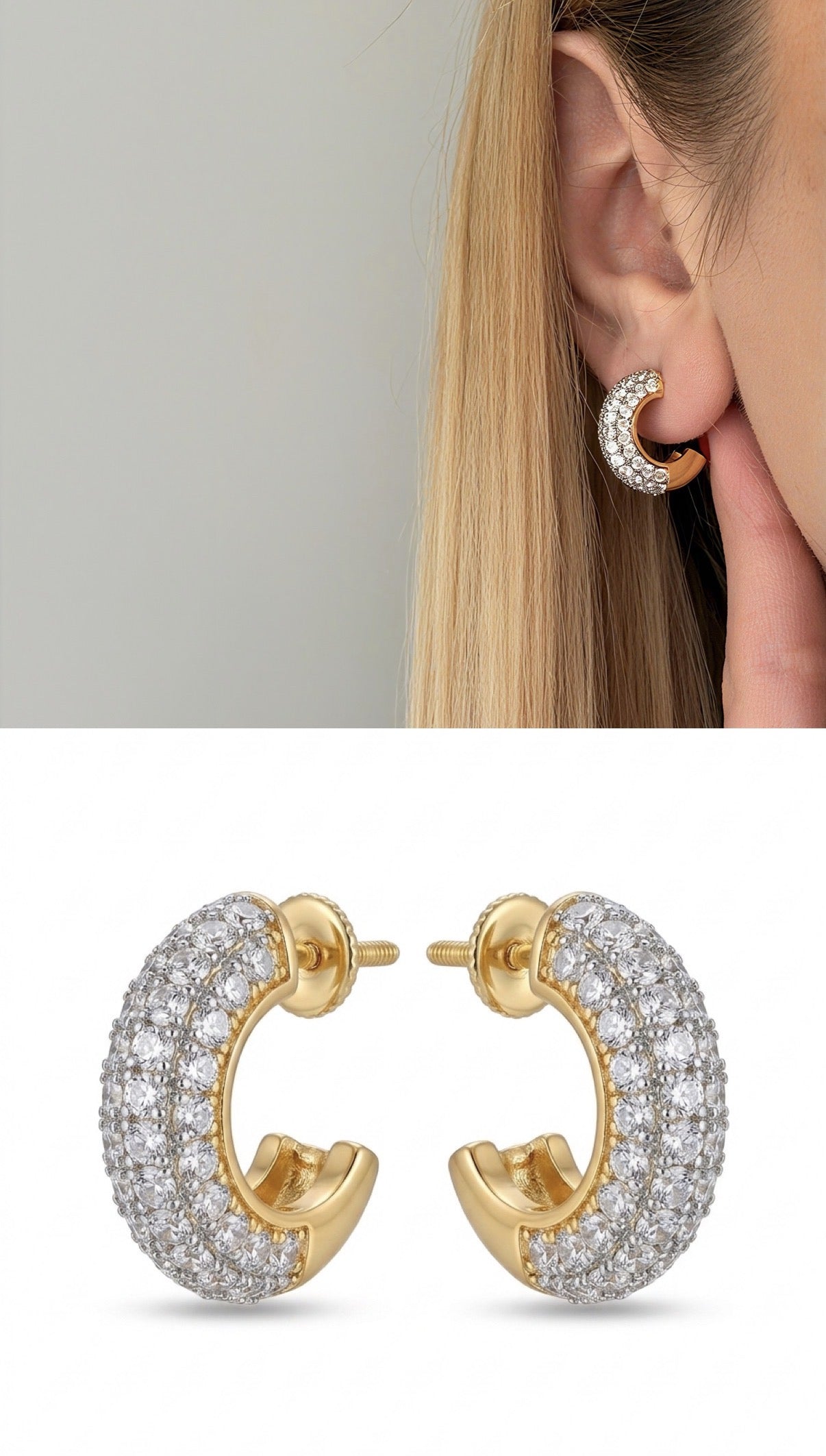 Gold Cz Pave Chunky C Hoop Stud Earrings V2 wholesale jewelry VIP 14K EARRINGS  Catwalk Jewellery Europe