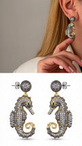 Two Tone Sculptural Seahorse Motif Cz Pave Dangle Statement Earrings wholesale jewelry VIP 14K EARRINGS  Catwalk Jewellery Europe