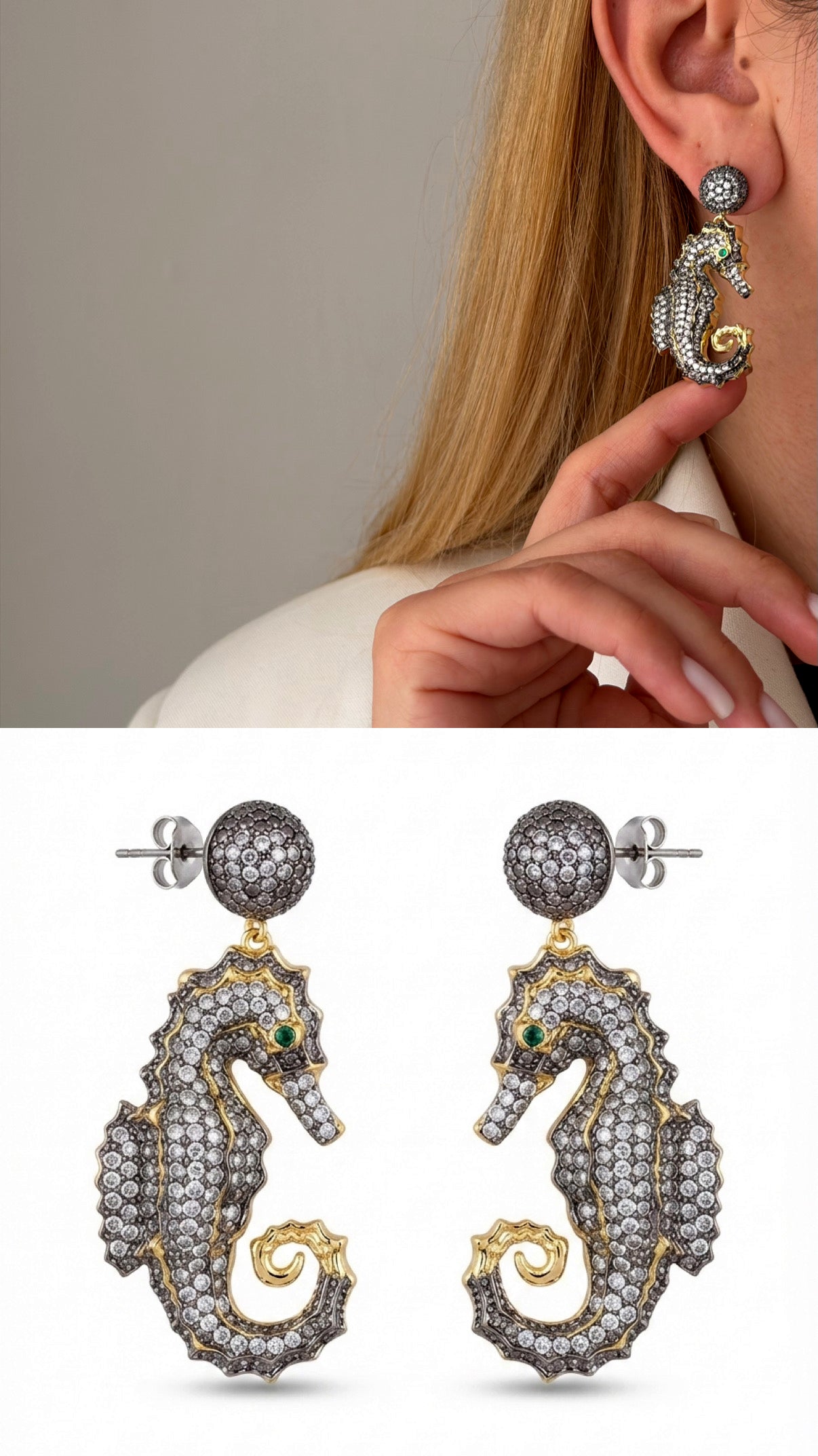Two Tone Sculptural Seahorse Motif Cz Pave Dangle Statement Earrings wholesale jewelry VIP 14K EARRINGS  Catwalk Jewellery Europe