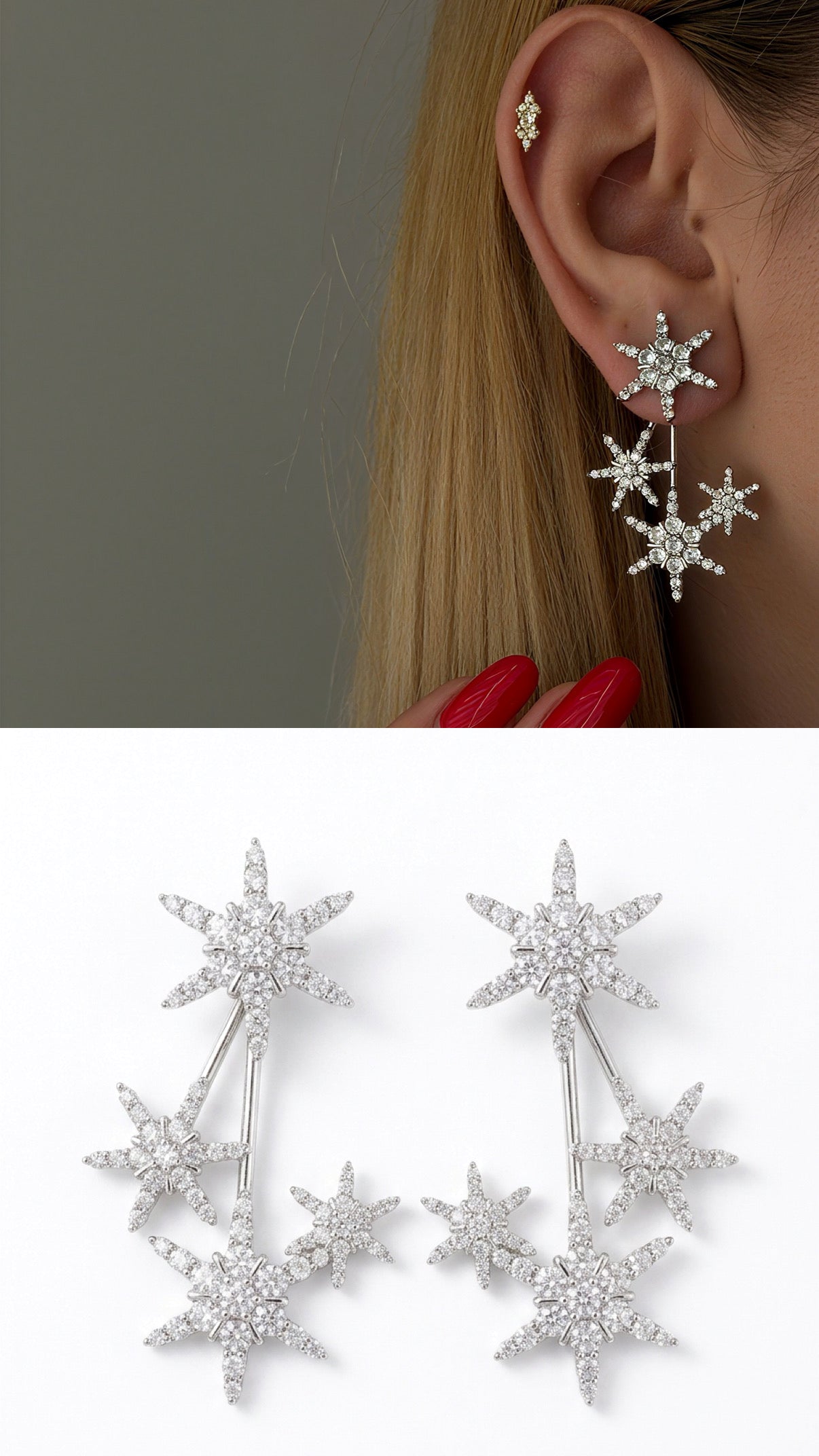 Silver Cz Pave Celestial Starburst Ear Jacket Earrings wholesale jewelry VIP 14K EARRINGS  Catwalk Jewellery Europe
