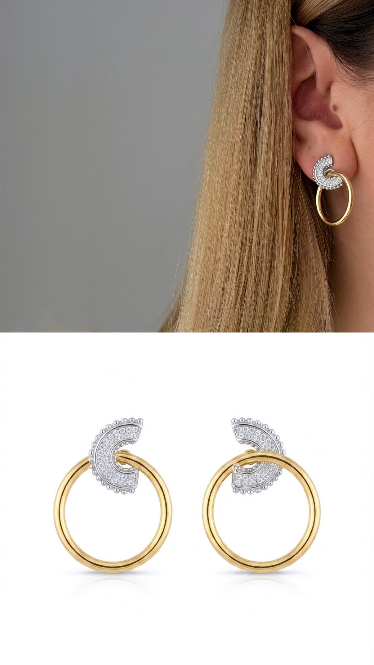 Two Tone Cz Pave Semi Circle Linked Hoop Dangle Earrings wholesale jewelry VIP 14K EARRINGS  Catwalk Jewellery Europe