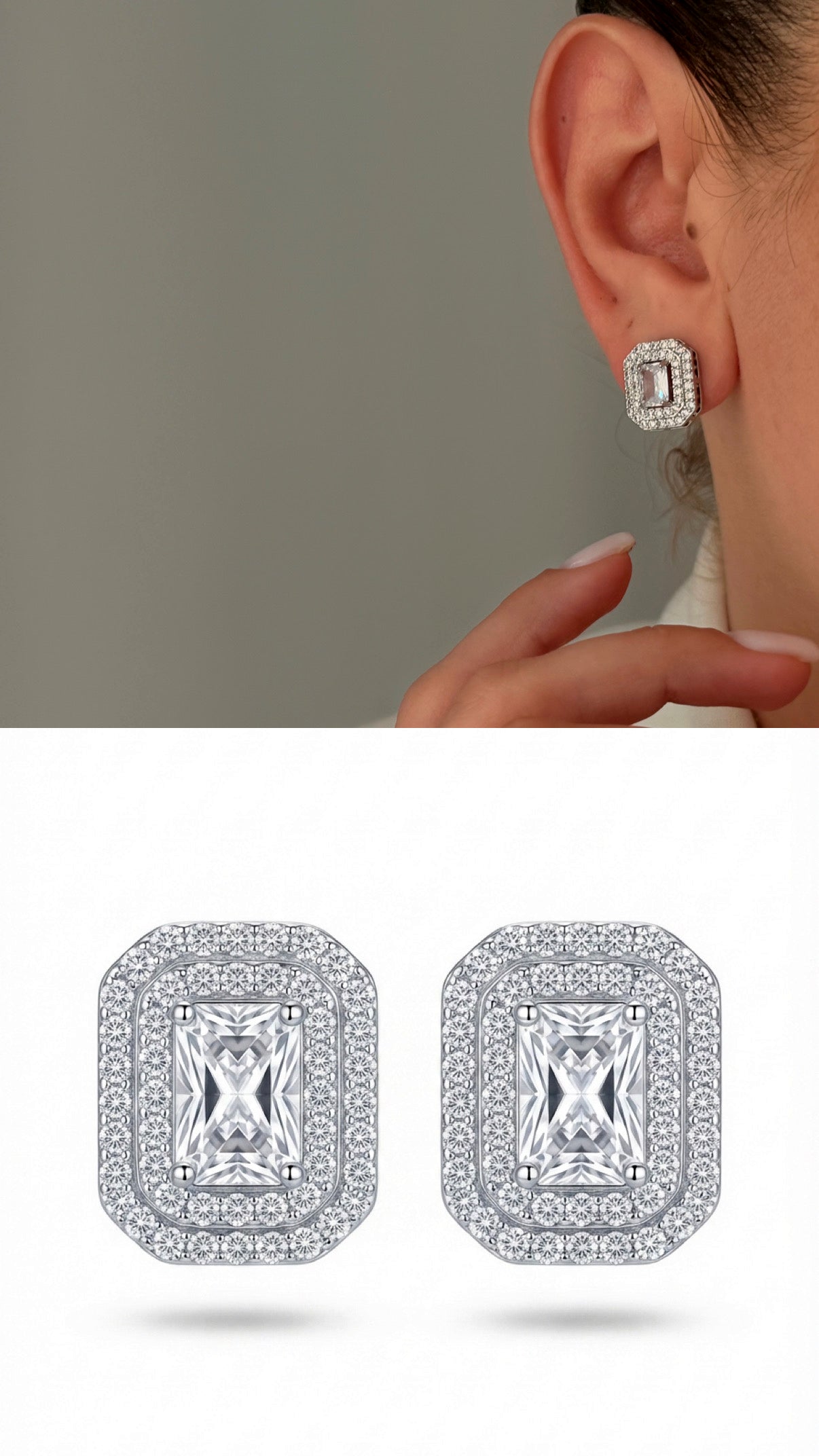 Silver Emerald Cut Cz Double Halo Stud Earrings wholesale jewelry VIP 14K EARRINGS  Catwalk Jewellery Europe
