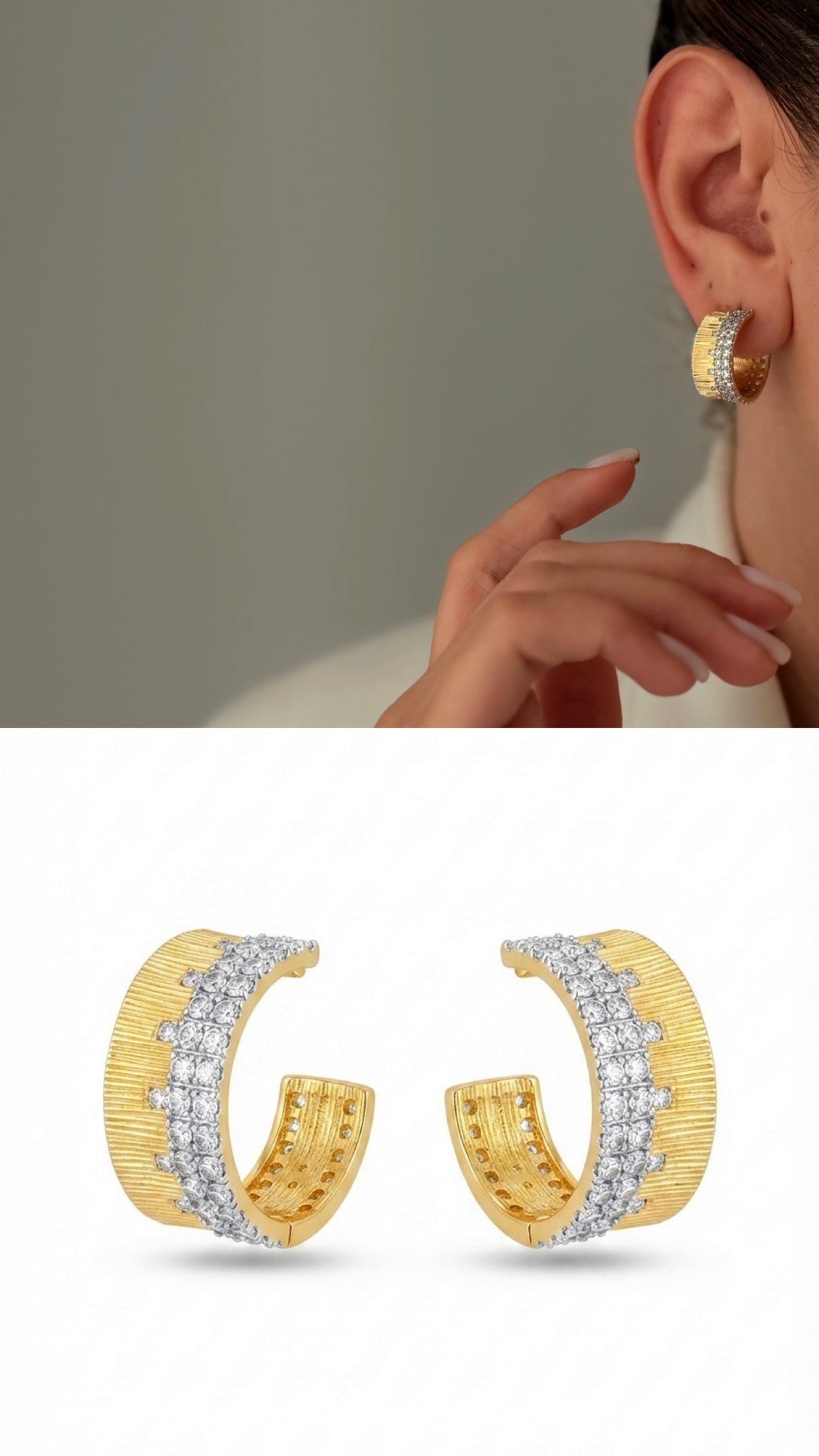 Two Tone Molten Texture Half Hoop Cz Pave Border Late Summer Statement Earrings wholesale jewelry VIP 14K EARRINGS  Catwalk Jewellery Europe