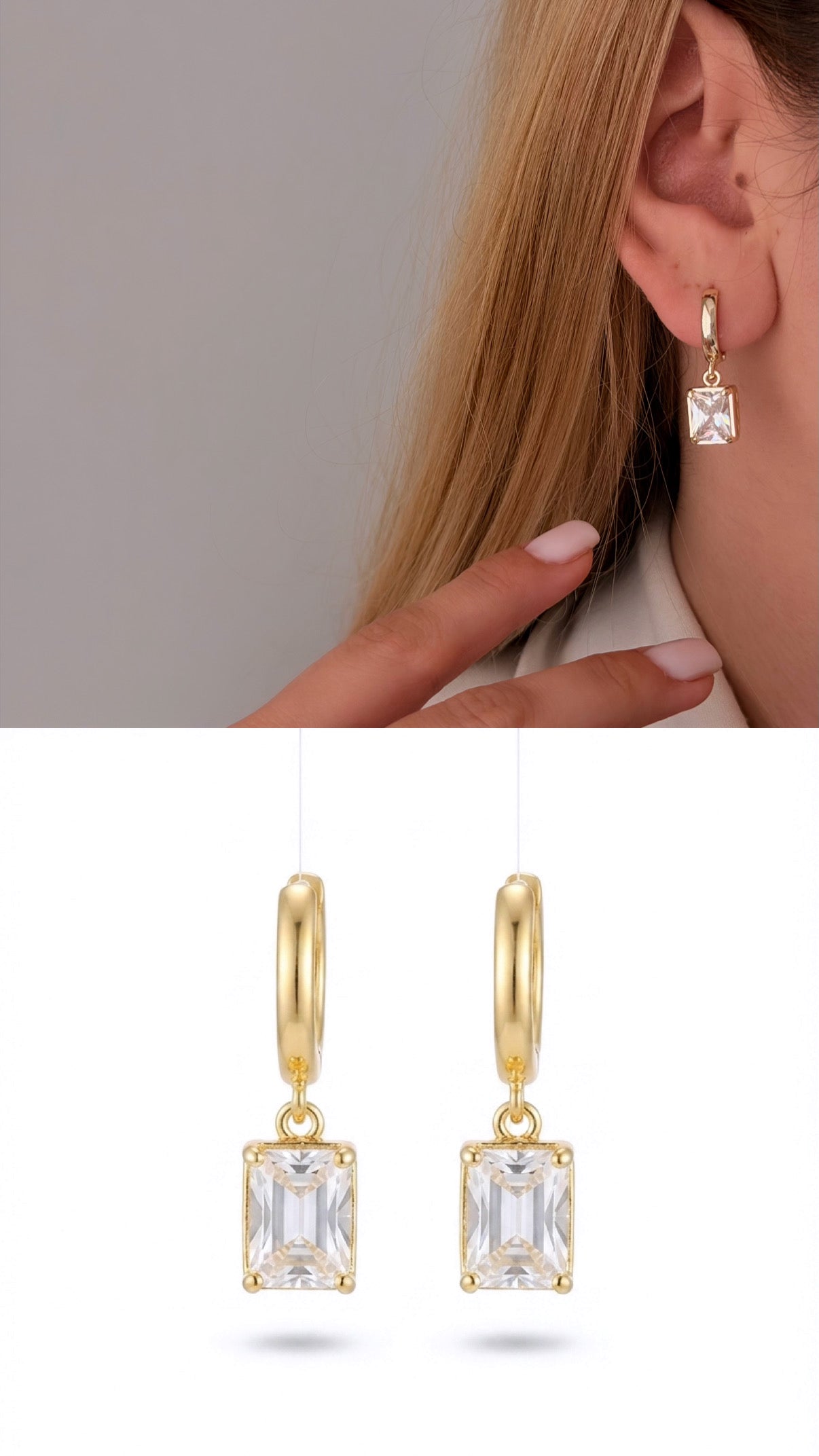 Gold Emerald Cut Cz Dangle Huggie Hoop Earrings wholesale jewelry VIP 14K EARRINGS  Catwalk Jewellery Europe