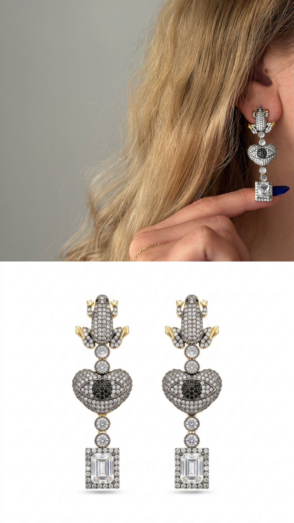 Two Tone Sculptural Frog Motif Cz Pave Heart Evil Eye Dangle Statement Earrings wholesale jewelry VIP 14K EARRINGS  Catwalk Jewellery Europe