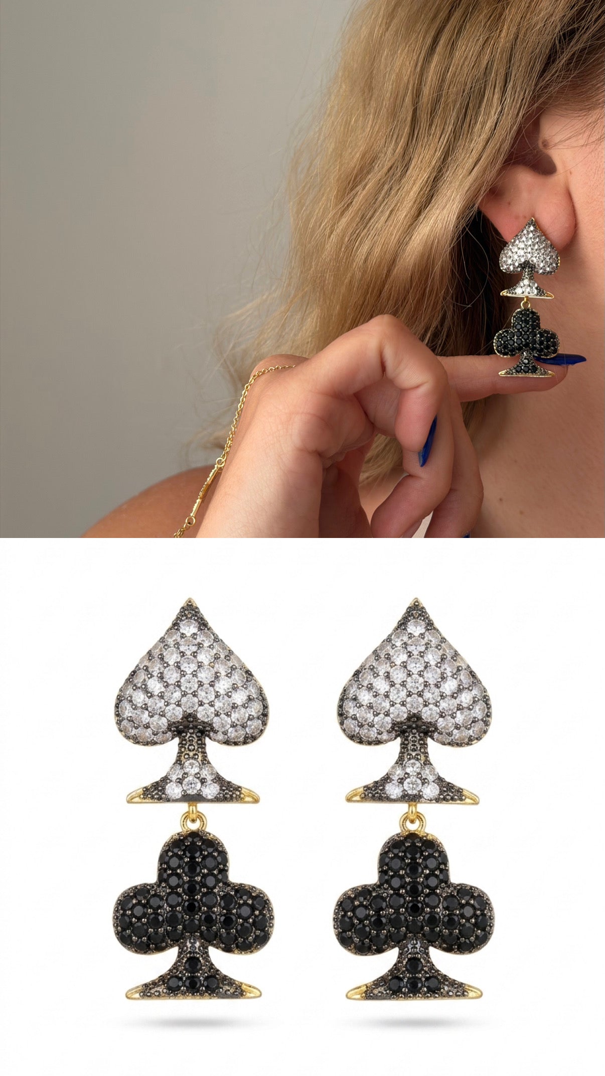Two Tone Cz Pave Spade And Club Motif Dangle Statement Earrings wholesale jewelry VIP 14K EARRINGS  Catwalk Jewellery Europe