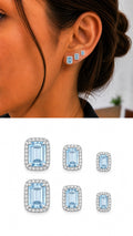 Silver Aquamarine Blue Emerald Cut Cz Halo Graduated Stud Earring Set Of 3 wholesale jewelry VIP 14K EARRINGS  Catwalk Jewellery Europe