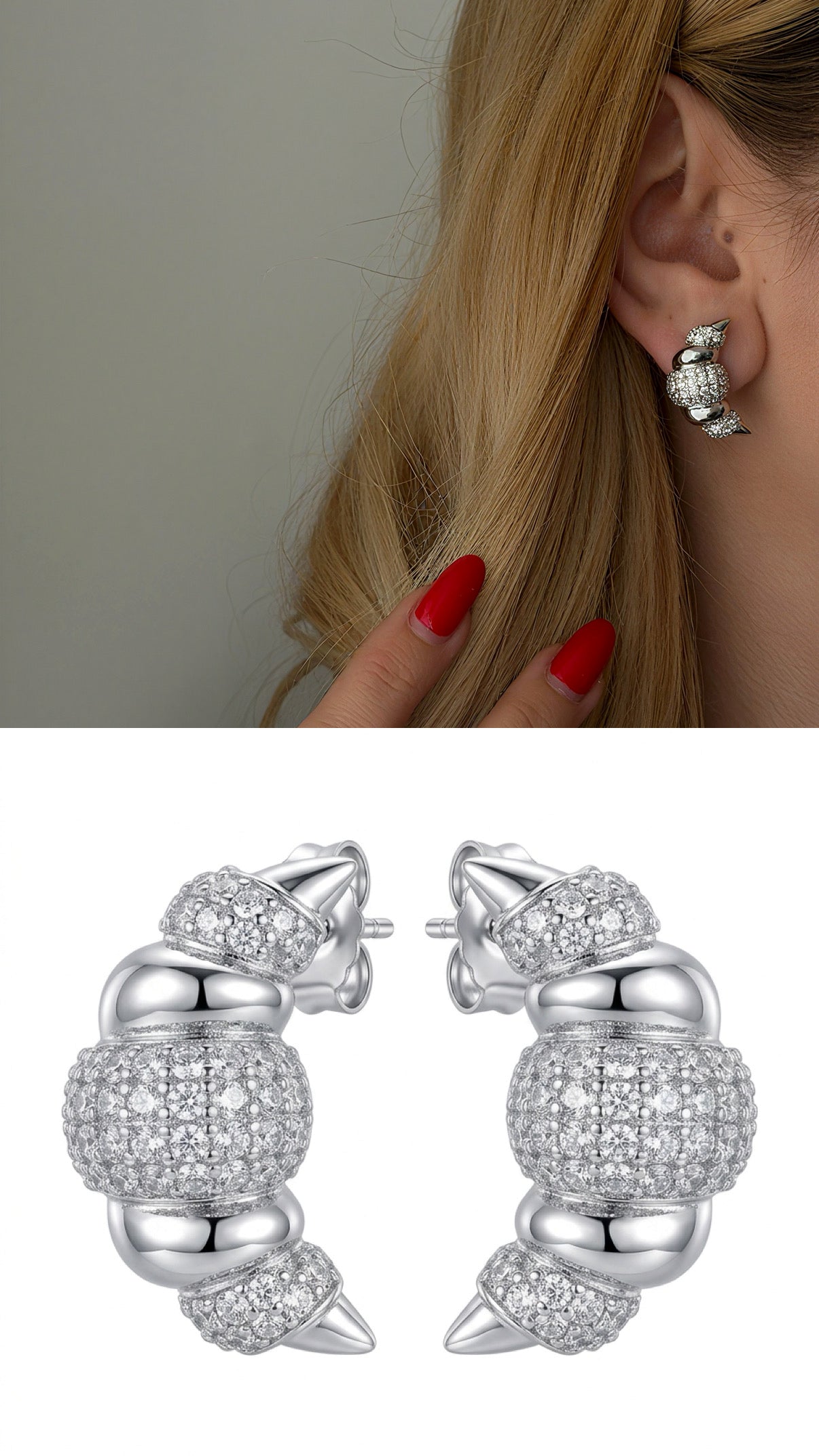Silver Cz Pave Chunky Croissant Horn Stud Earrings wholesale jewelry VIP 14K EARRINGS  Catwalk Jewellery Europe