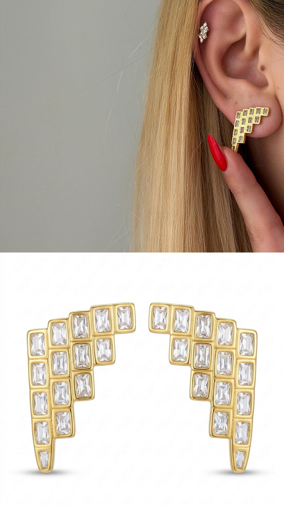 Gold Emerald Cut Cz Geometric Staircase Ear Climber Earrings wholesale jewelry VIP 14K EARRINGS  Catwalk Jewellery Europe