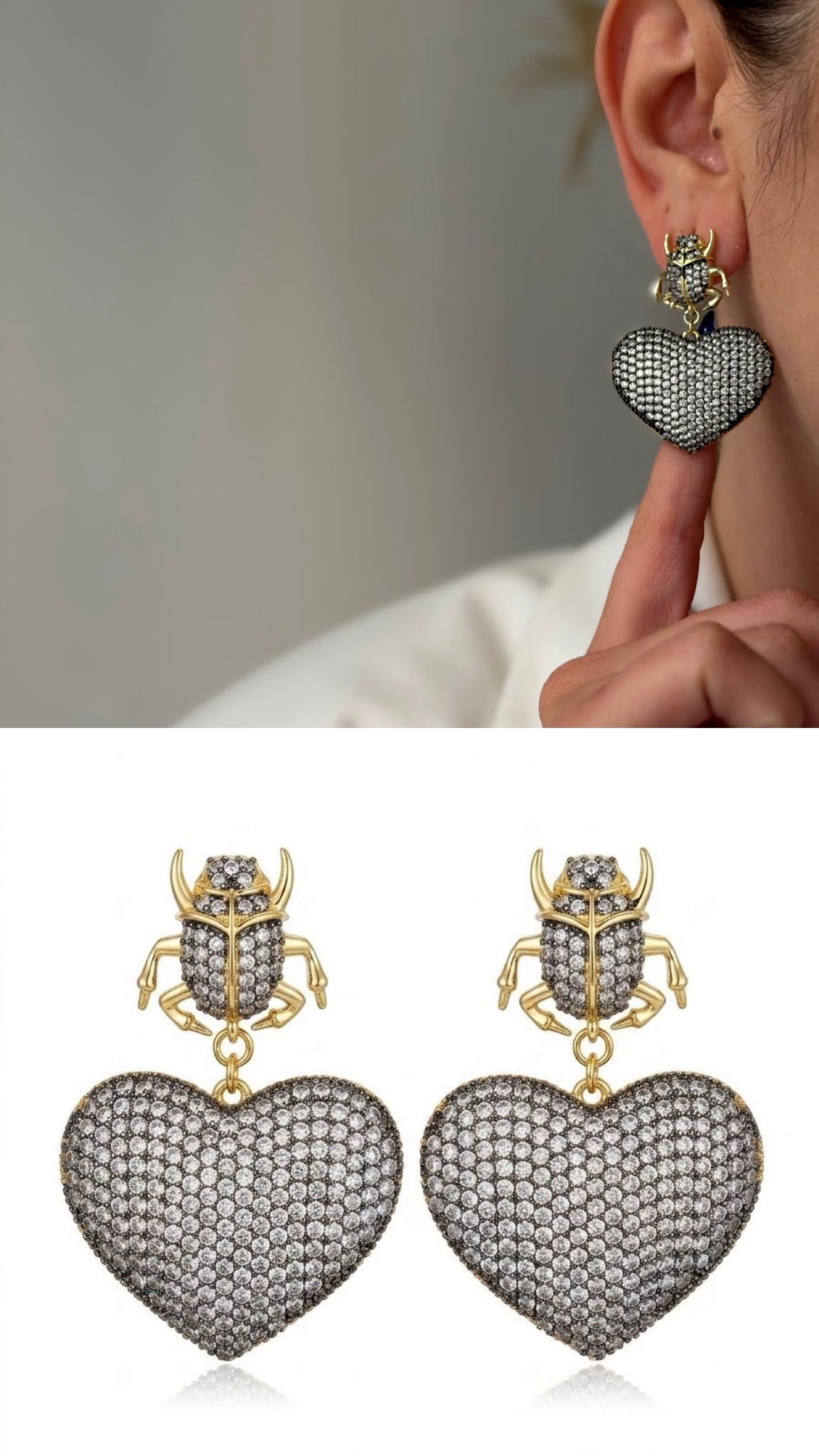 Gold Sculptural Scarab Beetle Cz Pave Heart Dangle Statement Earrings wholesale jewelry VIP 14K EARRINGS  Catwalk Jewellery Europe