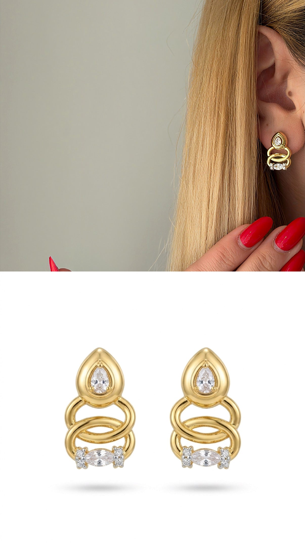 Gold Mixed Cut Cz Double Loop Geometric Stud Earrings wholesale jewelry VIP 14K EARRINGS  Catwalk Jewellery Europe