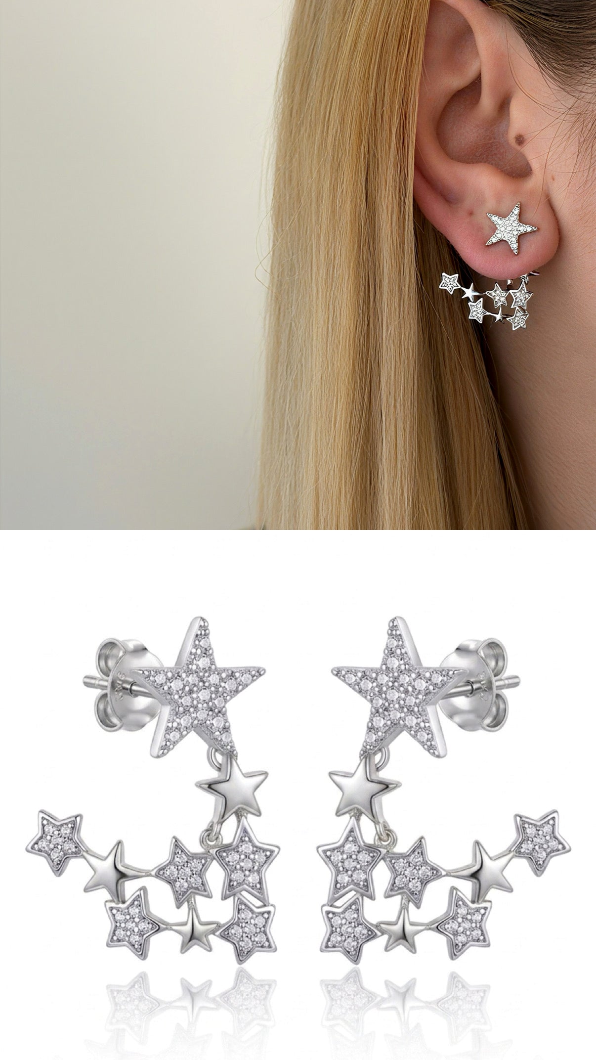 Silver Cz Pave Celestial Star Cluster Ear Jacket Earrings wholesale jewelry VIP 14K EARRINGS  Catwalk Jewellery Europe