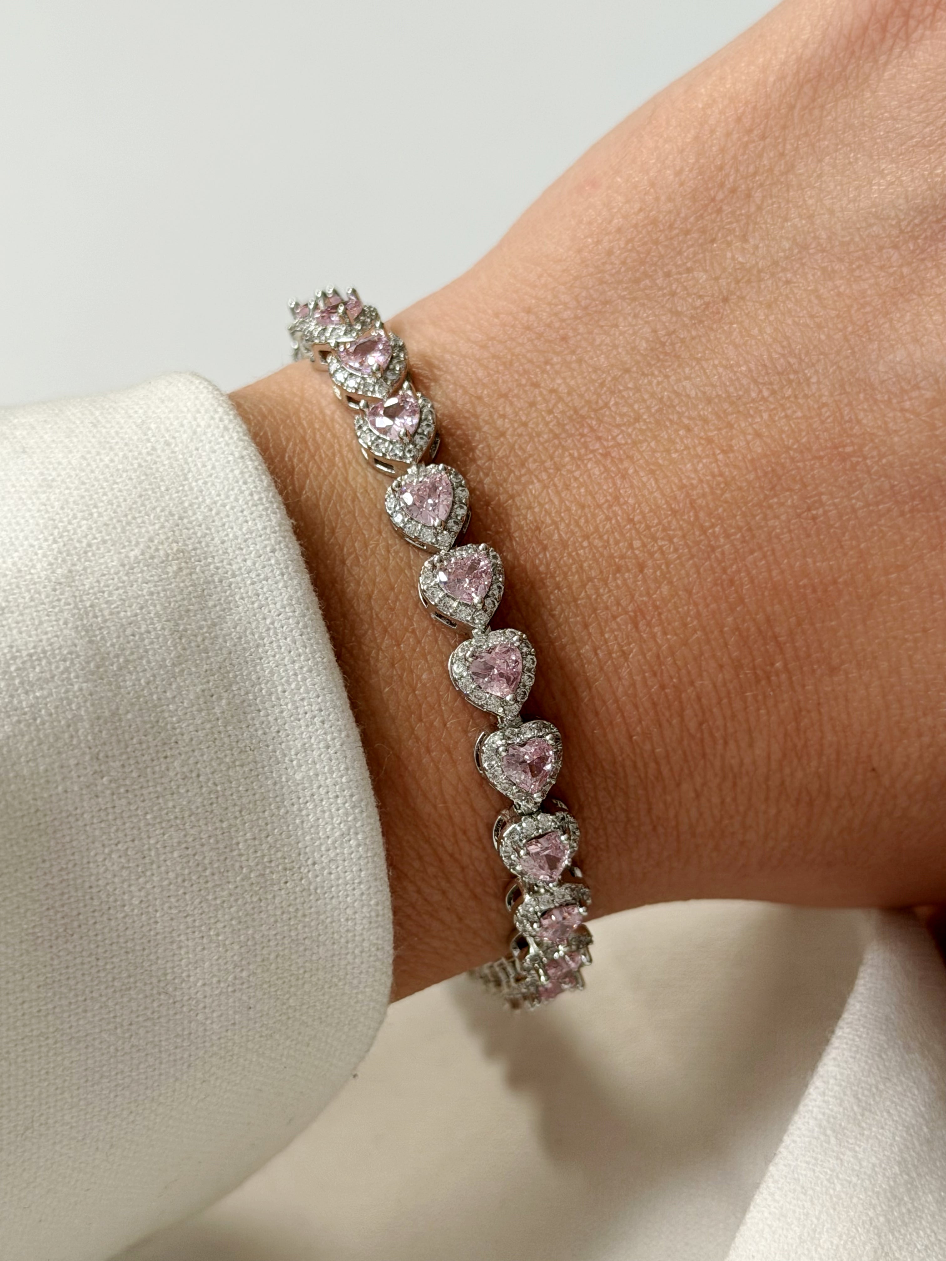 Silver Pink Heart Cut Cz Halo Tennis Bracelet wholesale jewelry BRACELETS  Catwalk Jewellery Europe