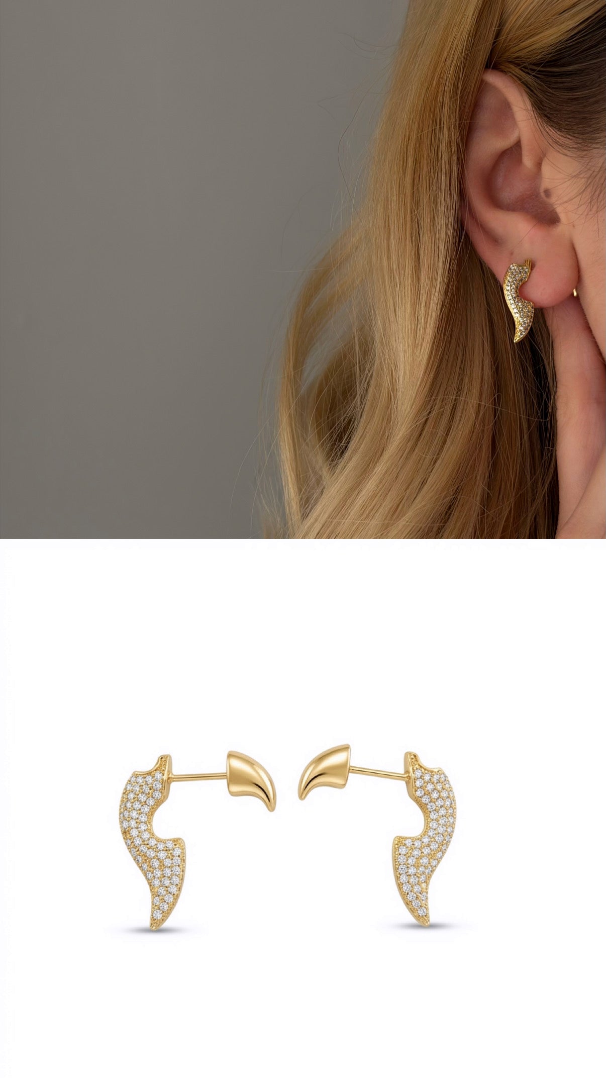 Gold Cz Pave Curved Wave Front To Back Earrings wholesale jewelry VIP 14K EARRINGS  Catwalk Jewellery Europe