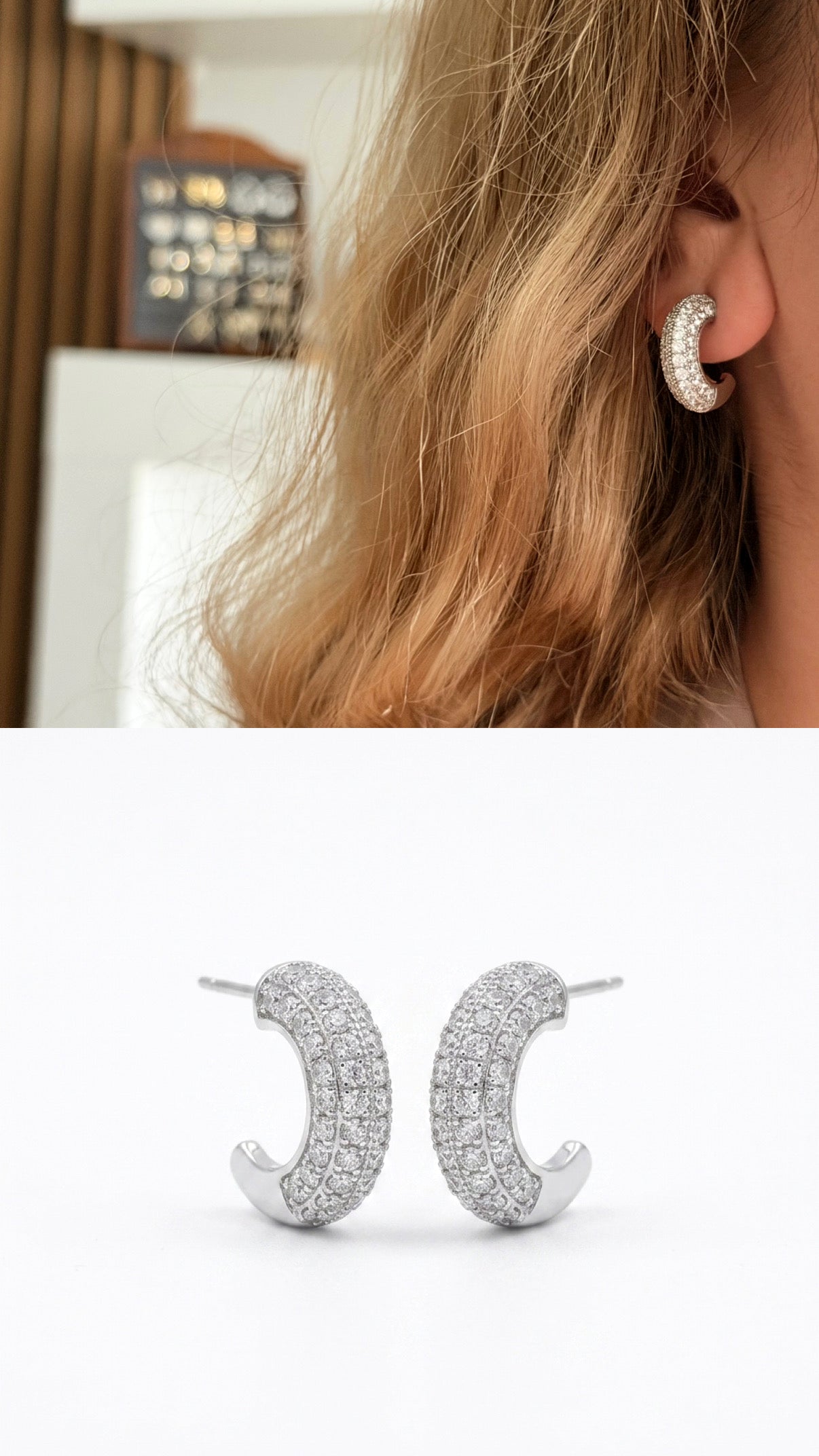 Silver Cz Pave Rounded C Hoop Stud Earrings wholesale jewelry VIP 14K EARRINGS  Catwalk Jewellery Europe