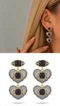 Gold Cz Pave Triple Stacked Heart Evil Eye Motif Dangle Statement Earrings wholesale jewelry VIP 14K EARRINGS  Catwalk Jewellery Europe