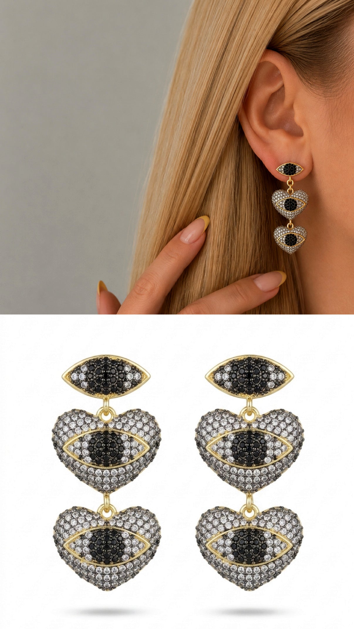 Gold Cz Pave Triple Stacked Heart Evil Eye Motif Dangle Statement Earrings wholesale jewelry VIP 14K EARRINGS  Catwalk Jewellery Europe