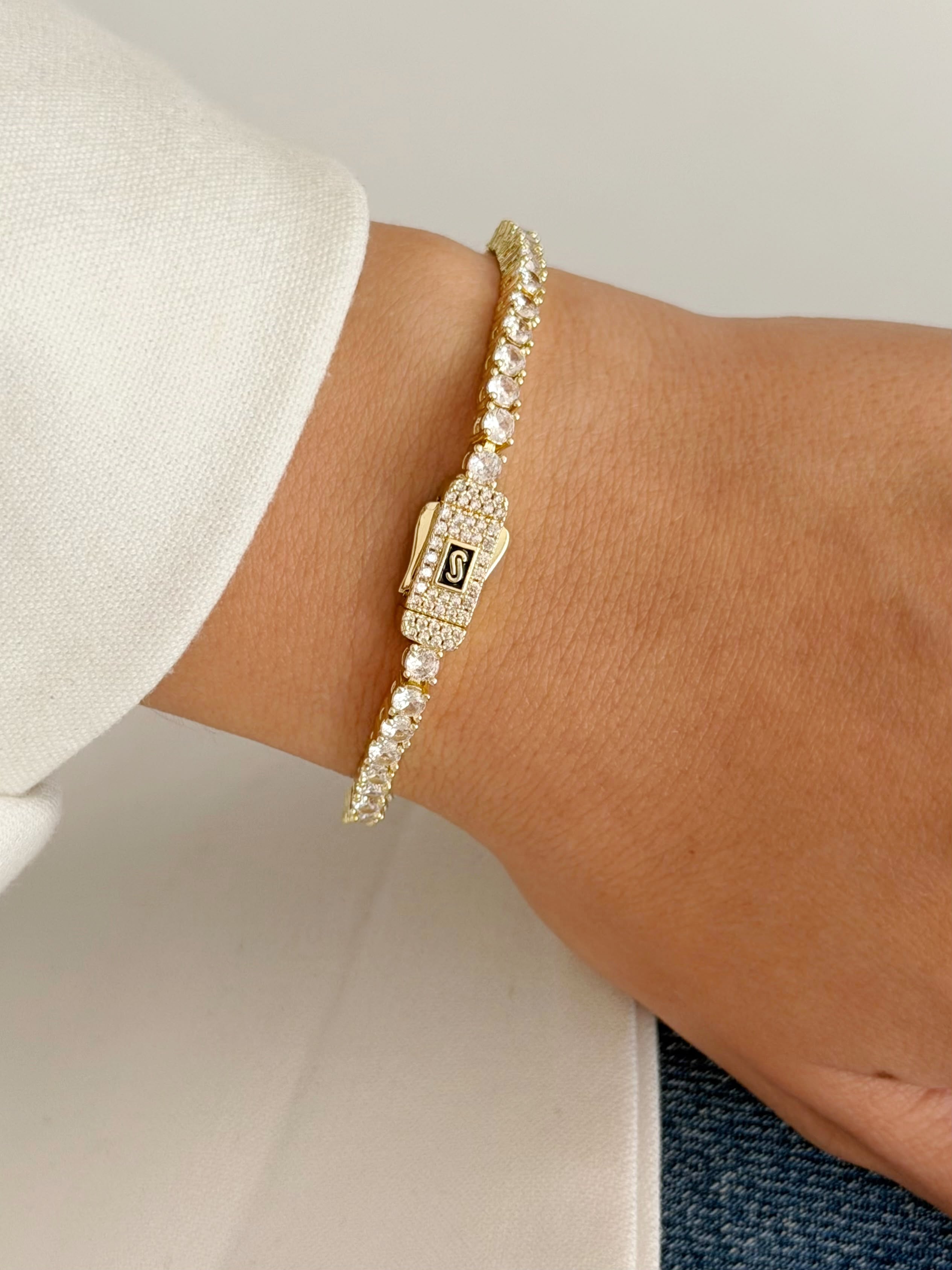 Gold Medium Round Cz Tennis Bracelet Pave Buckle Clasp wholesale jewelry BRACELETS  Catwalk Jewellery Europe
