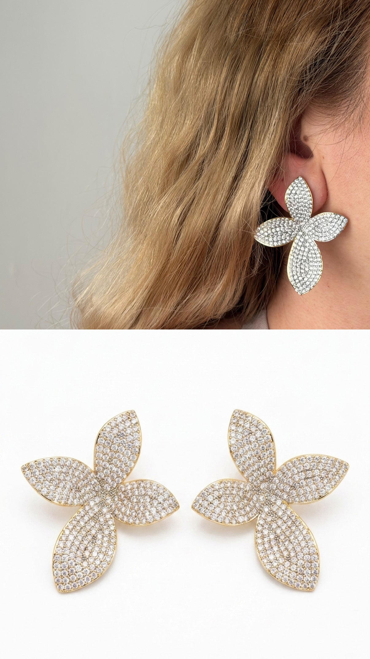 Gold Sculptural Four Petal Floral Cz Pave Statement Earrings wholesale jewelry VIP 14K EARRINGS  Catwalk Jewellery Europe