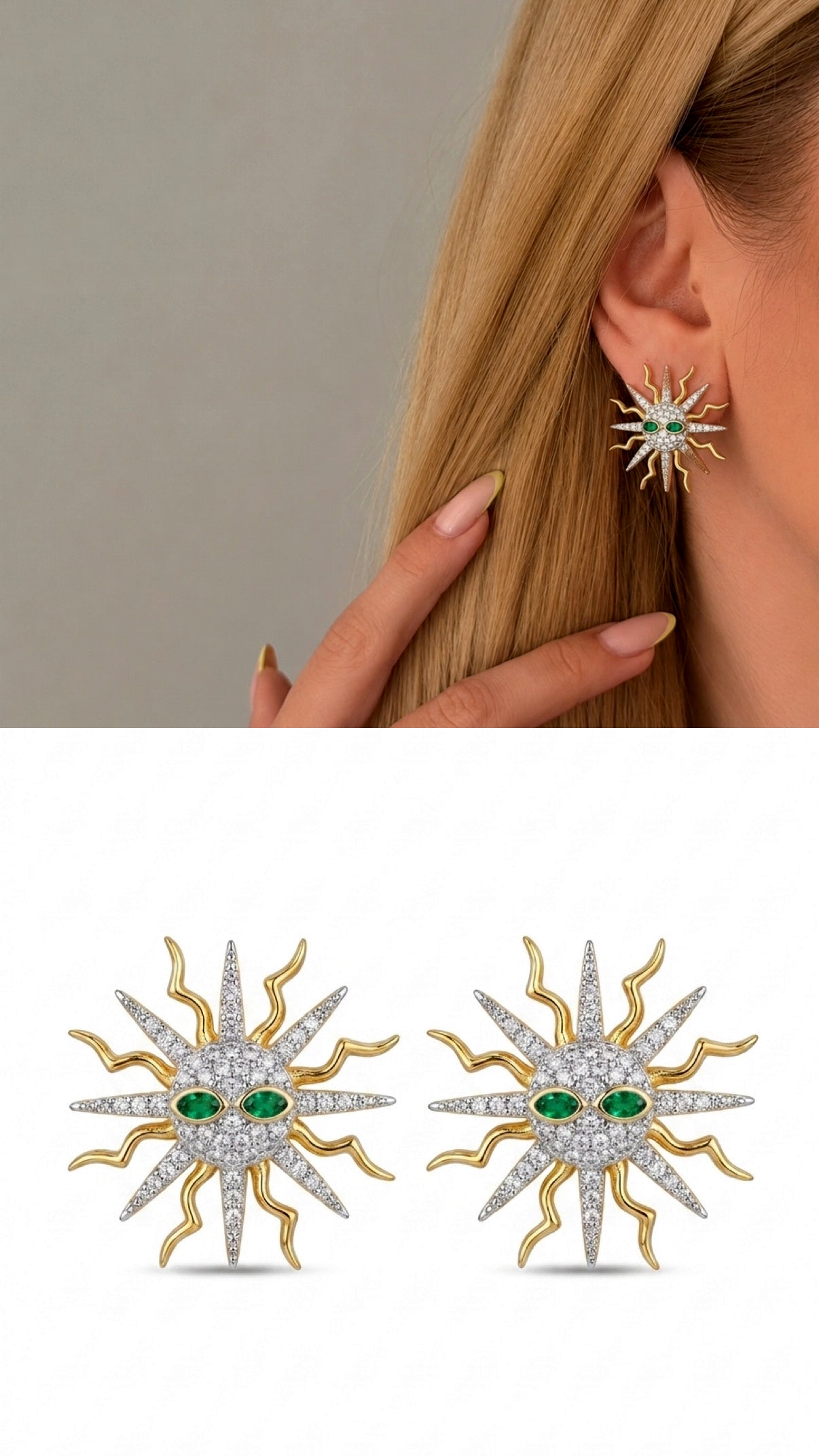 Two Tone Cz Pave Sunburst Emerald Accent Stud Earrings wholesale jewelry VIP 14K EARRINGS  Catwalk Jewellery Europe