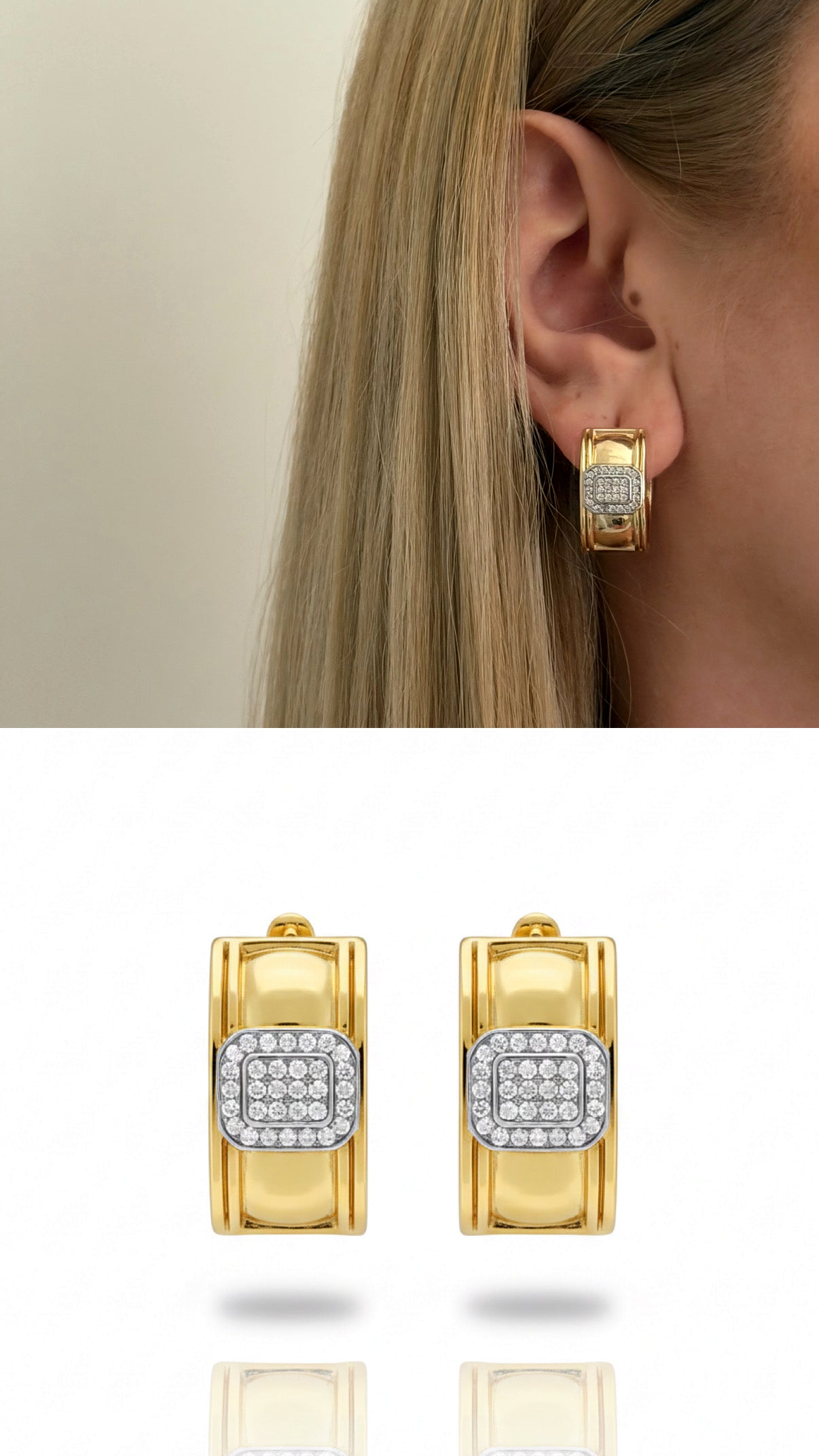 Gold Wide Chunky Revival Hoops Square Cz Pave Center Bold Power Dressing Earrings wholesale jewelry VIP 14K EARRINGS  Catwalk Jewellery Europe