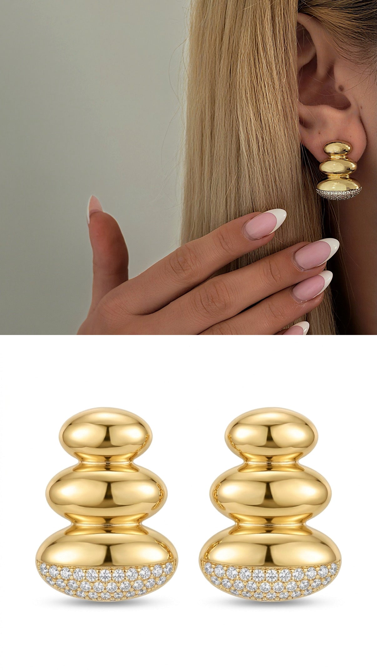 Gold Chunky Triple Bubble Stack Cz Pave Base Sculptural Late Summer Statement Earrings wholesale jewelry VIP 14K EARRINGS  Catwalk Jewellery Europe