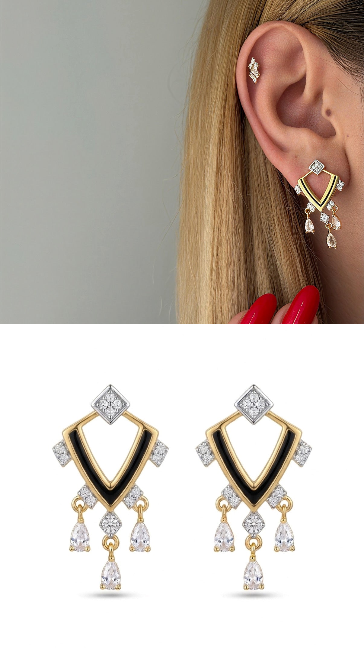Two Tone Black Enamel Geo Teardrop Chandelier Earrings wholesale jewelry VIP 14K EARRINGS  Catwalk Jewellery Europe