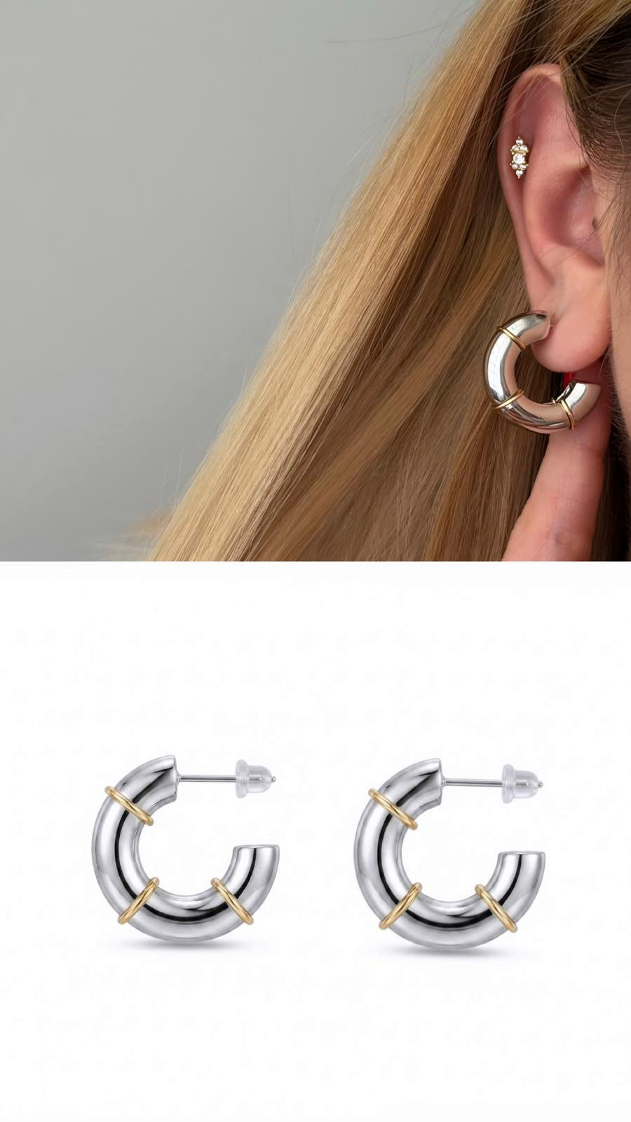 Two Tone Smooth C Hoop Gold Accent Band Stud Earrings wholesale jewelry VIP 14K EARRINGS  Catwalk Jewellery Europe