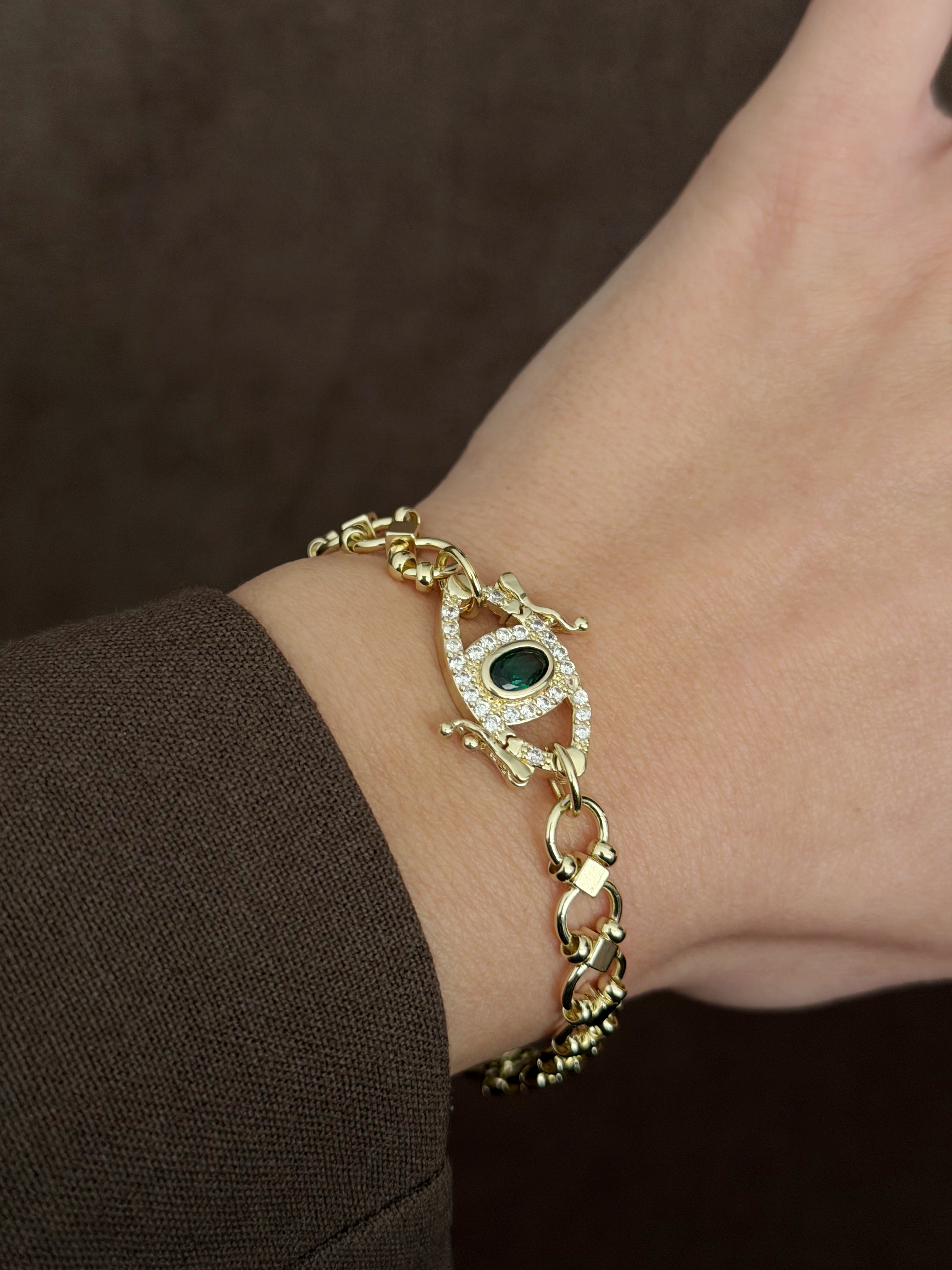 Gold Emerald Green Cz Evil Eye Motif Chunky Link Bracelet wholesale jewelry BRACELETS  Catwalk Jewellery Europe