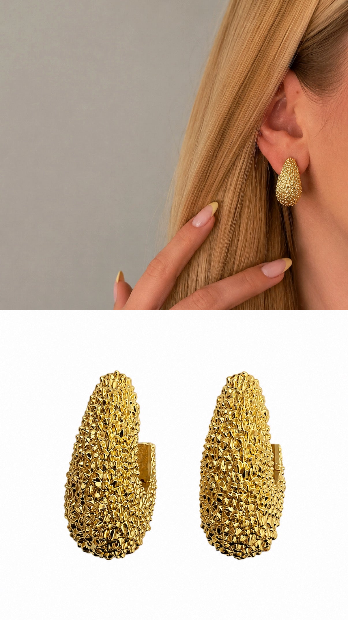 Gold Molten Texture Chunky Teardrop Huggie Hoop Late Summer Statement Earrings wholesale jewelry VIP 14K EARRINGS  Catwalk Jewellery Europe