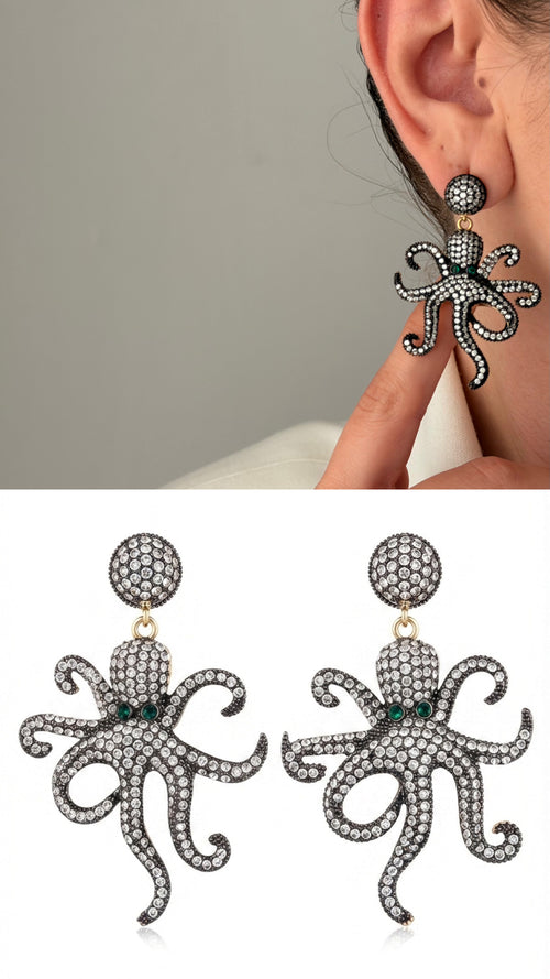 Black Ruthenium Sculptural Octopus Motif Cz Pave Dangle Statement Earrings wholesale jewelry VIP 14K EARRINGS  Catwalk Jewellery Europe